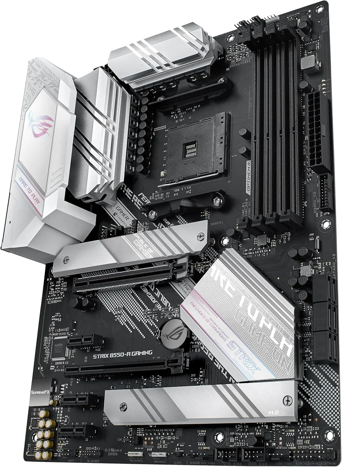 مادربرد گیمینگ ایسوس ROG STRIX B550-A GAMING (AMD B550) AM4 Gaming ATX با PCIe 4.0، Intel® 2.5Gb Ethernet، دو M.2 با هیت سینک، SATA 6 Gbps، USB 3.2 Gen 2 و Aura Sync RGB