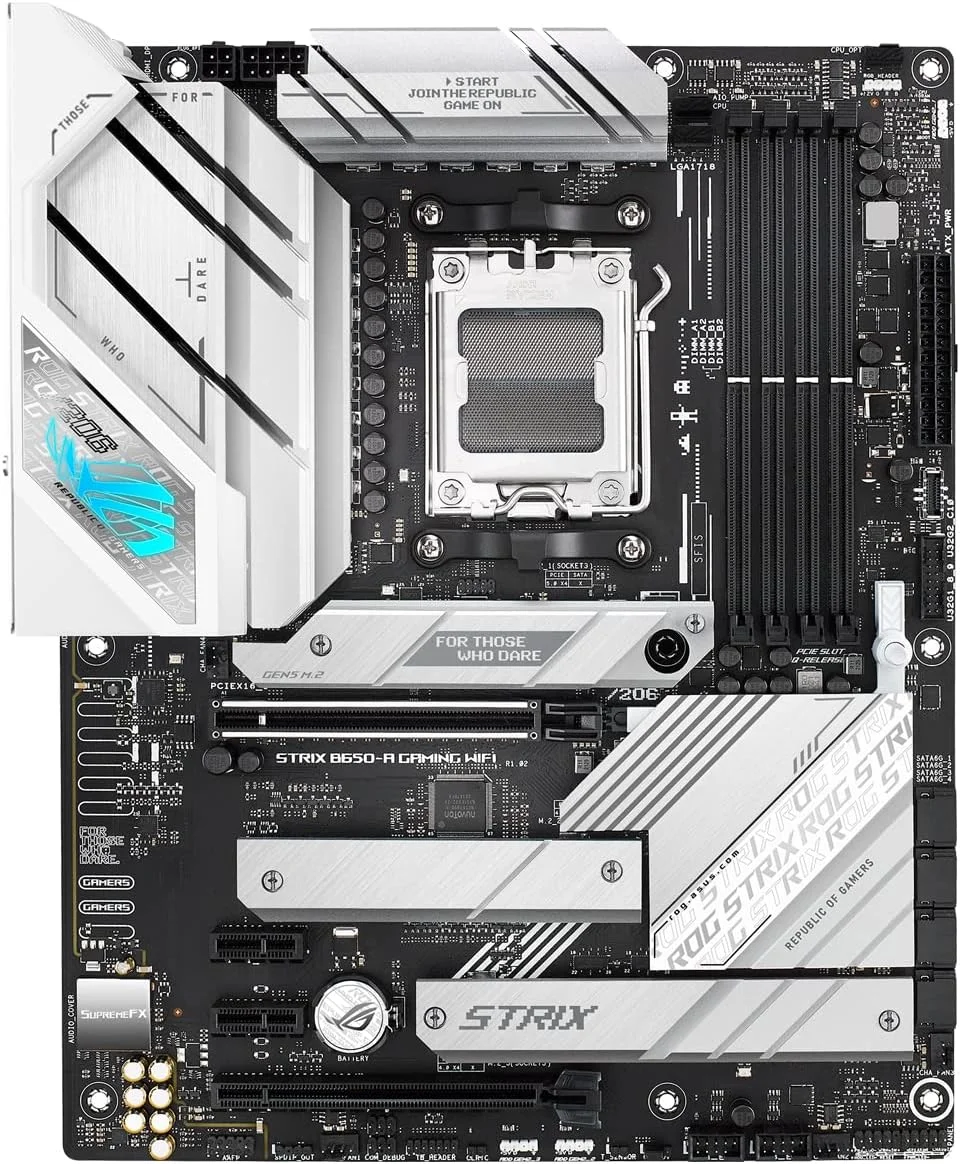 مادربرد گیمینگ ایسوس ROG Strix B650-A، وای فای 6E، AM5، LGA1718، Ryzen 7000، 12+2 فاز قدرت، DDR5، 3 اسلات M.2، PCIe 4.0، LAN 2.5G، وای فای 6E، پورت USB 3.2 Gen 2x2 Type-C - سفید