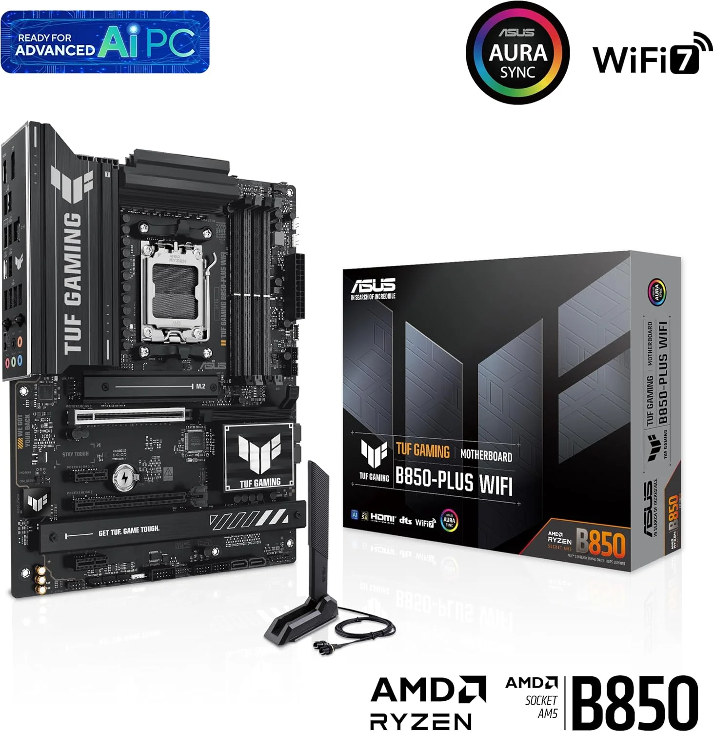 مادربرد ایسوس TUF GAMING B850-PLUS WIFI ATX: سوکت AM5، 4 عدد DIMM DDR5، 3 عدد اسلات M.2، 1 عدد PCIe 5.0 x16 SafeSlot، 1 عدد اسلات PCIe 4.0 x16 (حداکثر @x4)، 2 عدد PCIe 4.0 x1، طراحی قدرت برتر - مشکی