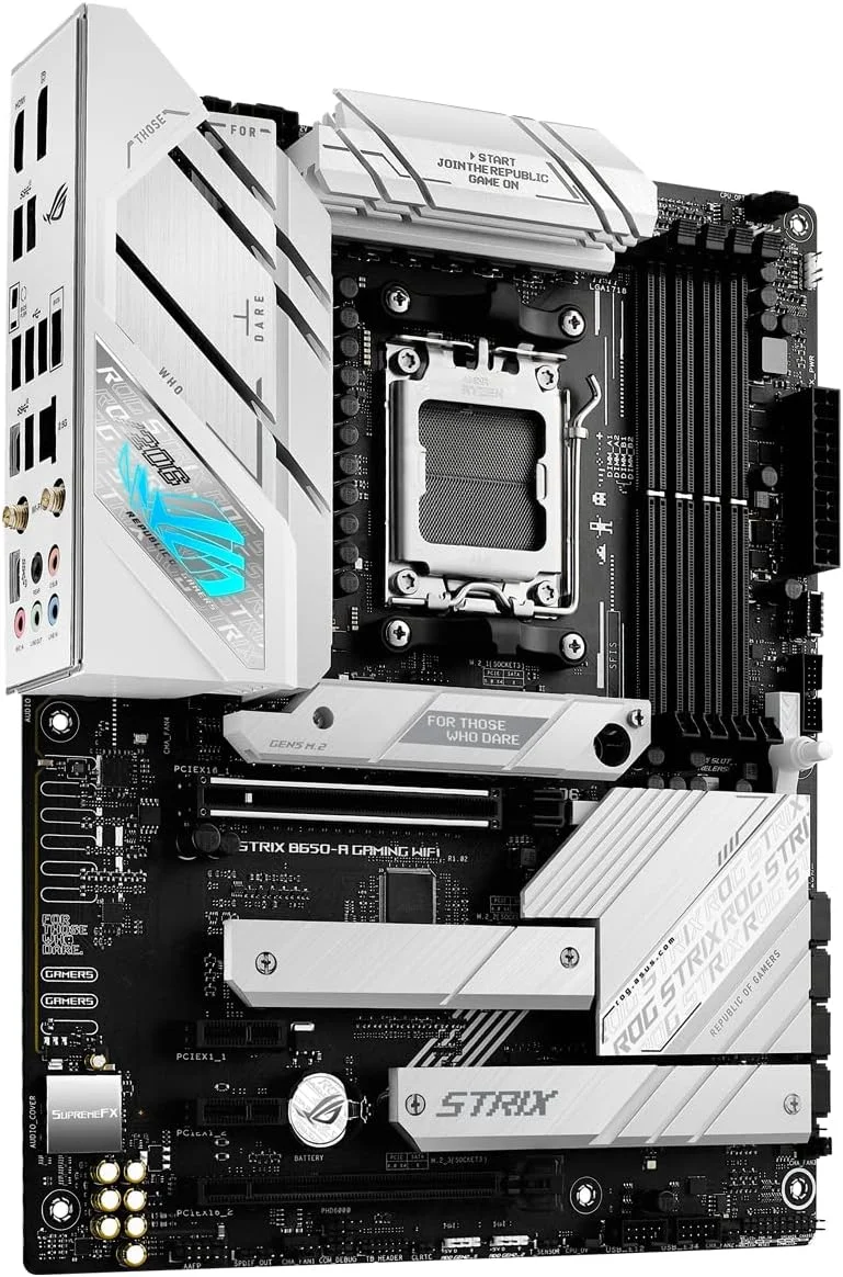 مادربرد گیمینگ ایسوس ROG Strix B650-A، وای فای 6E، AM5، LGA1718، Ryzen 7000، 12+2 فاز قدرت، DDR5، 3 اسلات M.2، PCIe 4.0، LAN 2.5G، وای فای 6E، پورت USB 3.2 Gen 2x2 Type-C - سفید