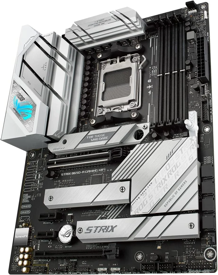 مادربرد گیمینگ ایسوس ROG Strix B650-A، وای فای 6E، AM5، LGA1718، Ryzen 7000، 12+2 فاز قدرت، DDR5، 3 اسلات M.2، PCIe 4.0، LAN 2.5G، وای فای 6E، پورت USB 3.2 Gen 2x2 Type-C - سفید