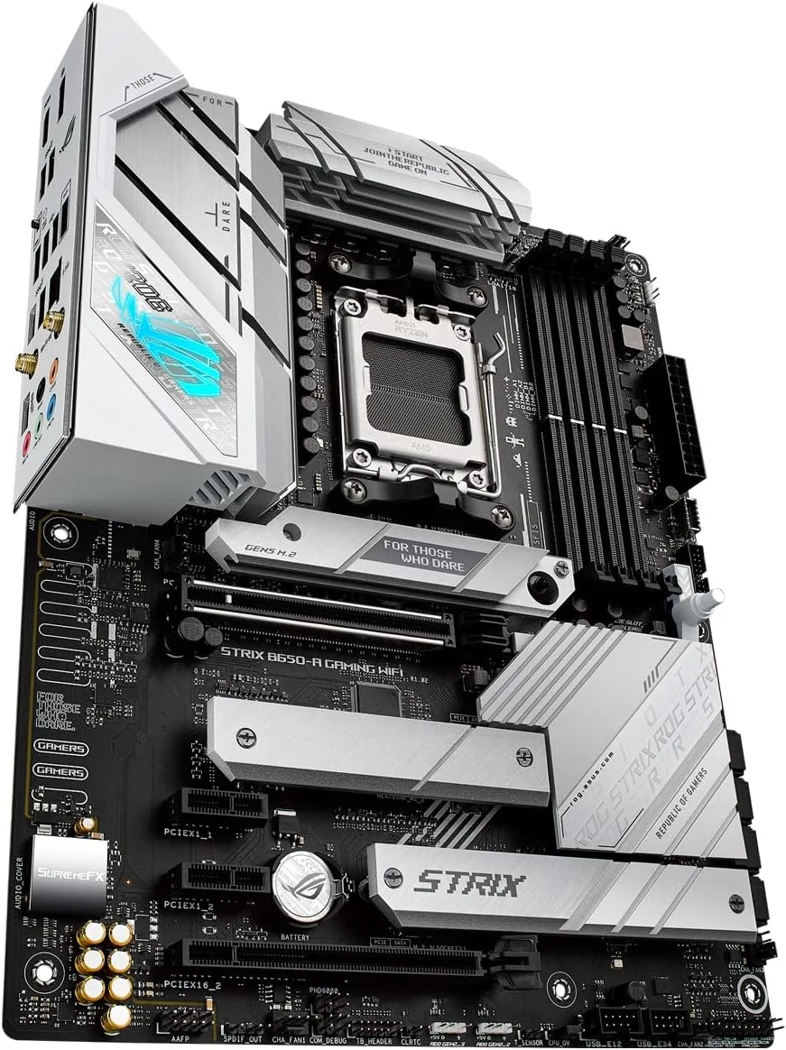 مادربرد گیمینگ ایسوس ROG Strix B650-A، وای فای 6E، AM5، LGA1718، Ryzen 7000، 12+2 فاز قدرت، DDR5، 3 اسلات M.2، PCIe 4.0، LAN 2.5G، وای فای 6E، پورت USB 3.2 Gen 2x2 Type-C - سفید