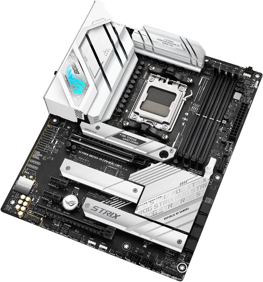 مادربرد گیمینگ ایسوس ROG Strix B650-A، وای فای 6E، AM5، LGA1718، Ryzen 7000، 12+2 فاز قدرت، DDR5، 3 اسلات M.2، PCIe 4.0، LAN 2.5G، وای فای 6E، پورت USB 3.2 Gen 2x2 Type-C - سفید