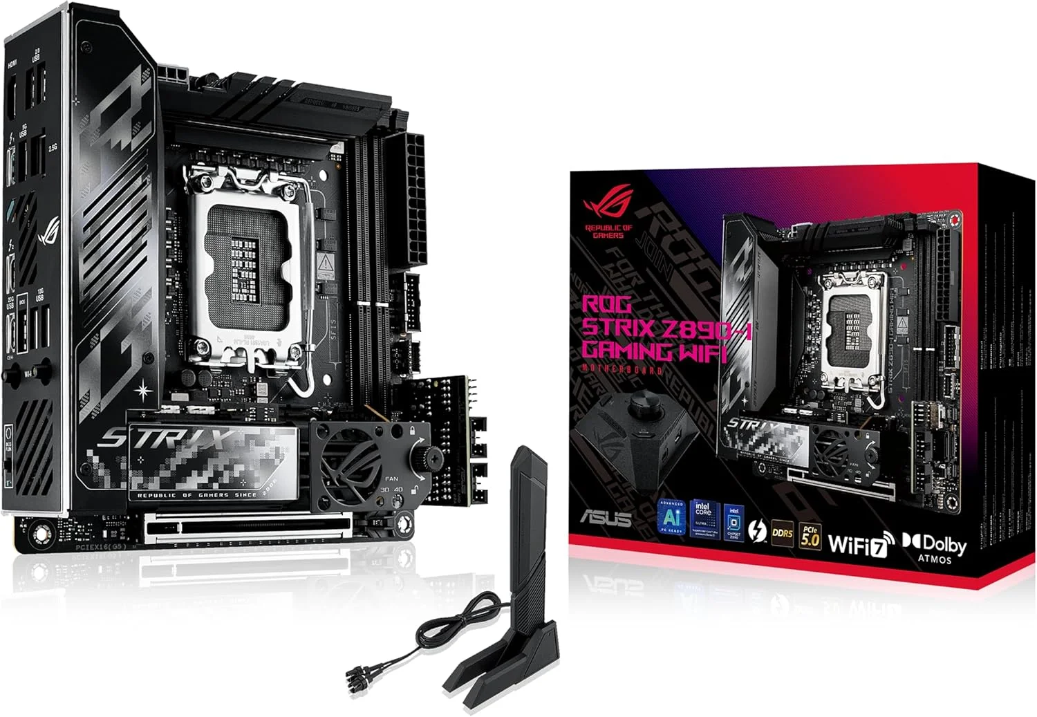 مادربرد ایسوس ROG STRIX Z890-I GAMING WIFI اینتل Z890 LGA1851 DDR5 9200 HDMI 2xUSB4 2x M2 USB3.2 WiFi 7 + BT AURA RGB 2.5Gbit LAN Mini ITX 10+1+2+1 فاز قدرت، تاندربولت 4