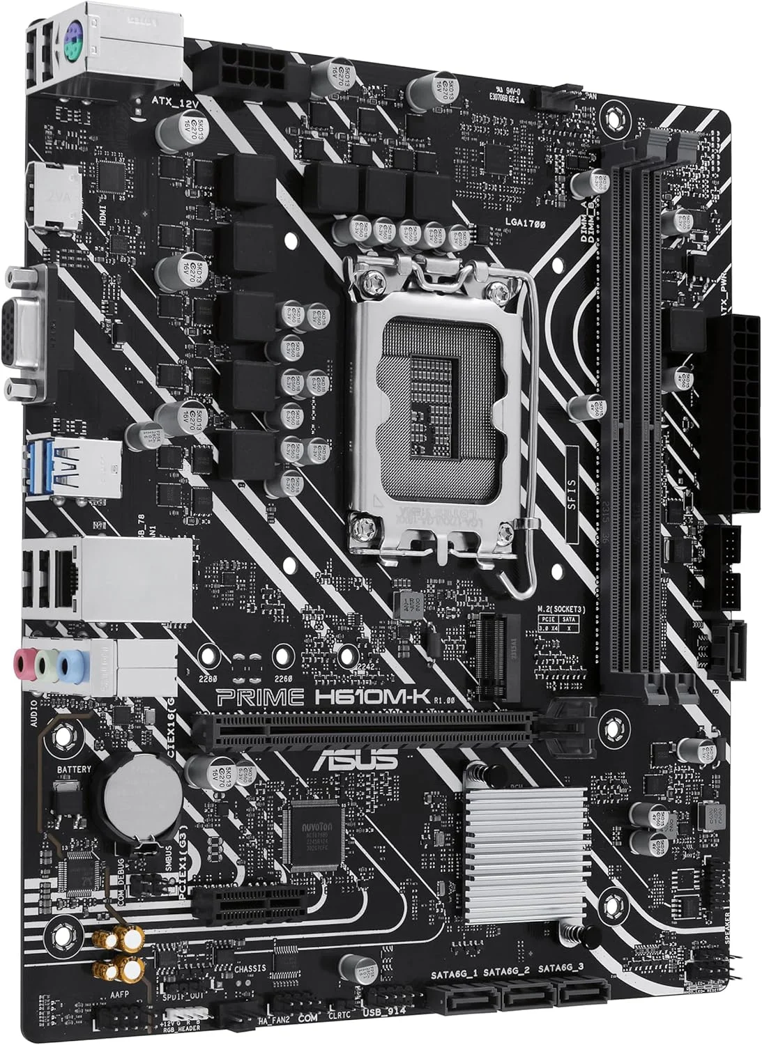 مادربرد ASUS Prime H610M-K Micro-ATX LGA 1700، چیپست Intel H610، 2 اسلات DIMM DDR5، حداکثر حافظه 96 گیگابایت، 1 اسلات M.2، 1 اسلات PCIe 4.0 x16، اترنت Realtek 1Gb