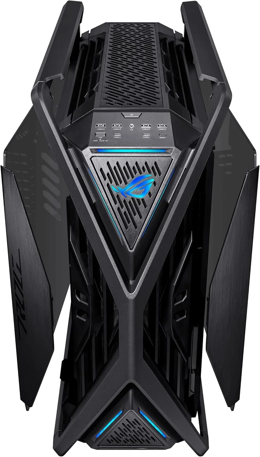 کیس کامپیوتر ASUS ROG Hyperion GR701 BTF Edition E-ATX، طراحی کانکتورهای مخفی مادربرد، رادیاتور دوگانه 420 میلی‌متری، 4 عدد فن 140 میلی‌متری، نگهدارنده فلزی GPU، محل نگهداری قطعات، هاب فن ARGB، شارژ سریع 60 واتی