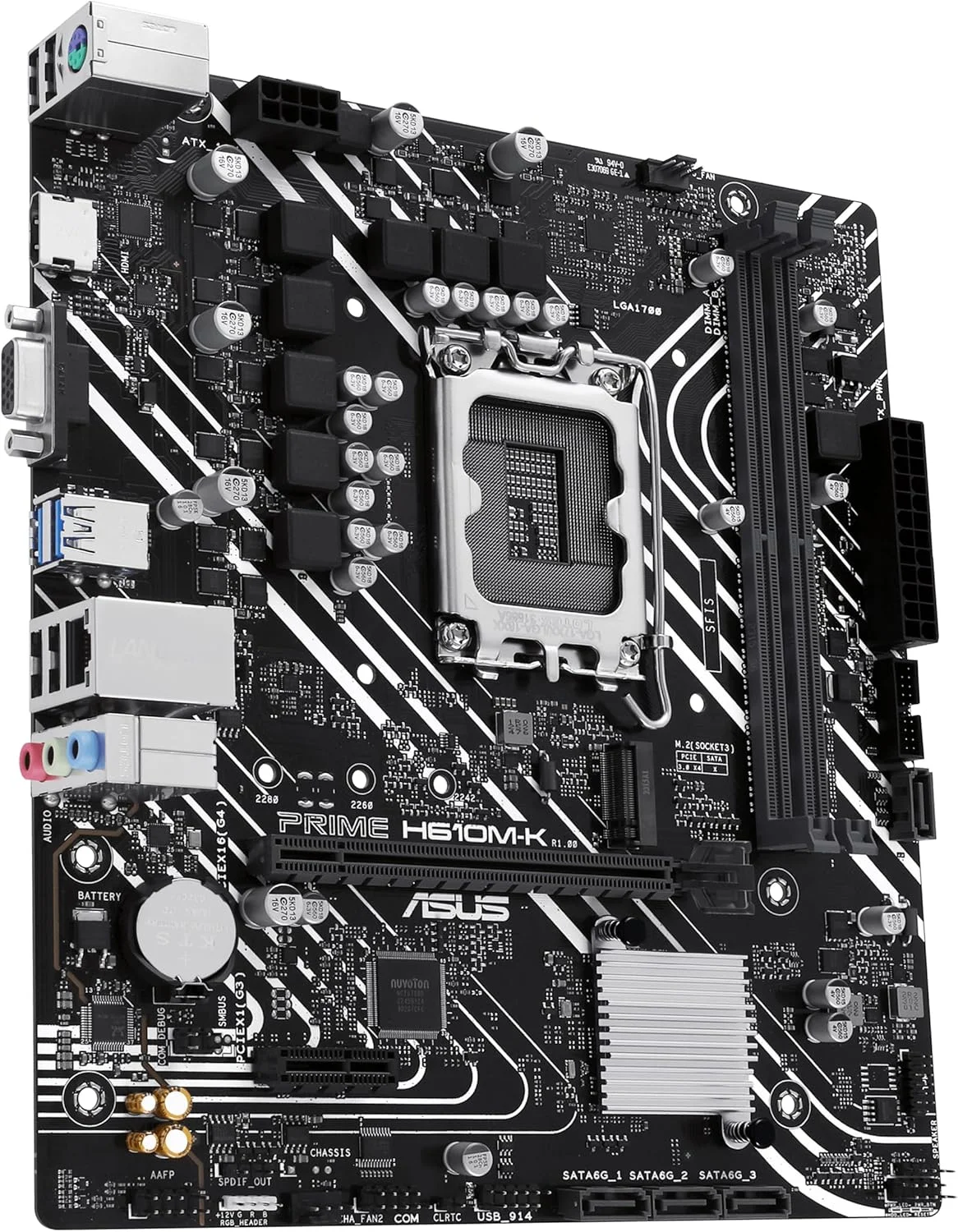 مادربرد ASUS Prime H610M-K Micro-ATX LGA 1700، چیپست Intel H610، 2 اسلات DIMM DDR5، حداکثر حافظه 96 گیگابایت، 1 اسلات M.2، 1 اسلات PCIe 4.0 x16، اترنت Realtek 1Gb