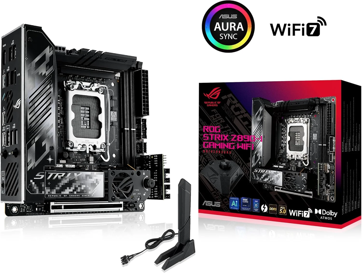 مادربرد ایسوس ROG STRIX Z890-I GAMING WIFI اینتل Z890 LGA1851 DDR5 9200 HDMI 2xUSB4 2x M2 USB3.2 WiFi 7 + BT AURA RGB 2.5Gbit LAN Mini ITX 10+1+2+1 فاز قدرت، تاندربولت 4