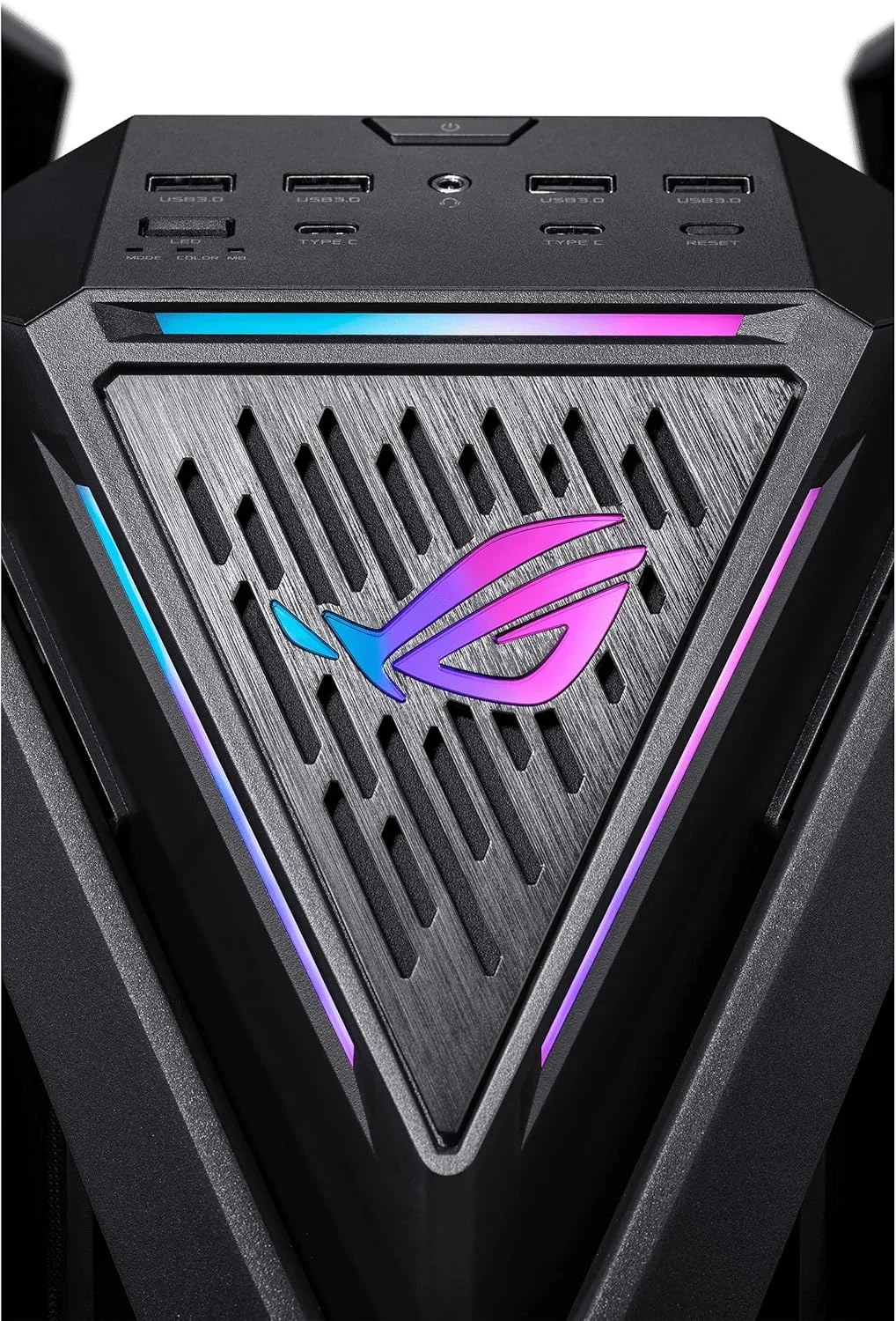 کیس کامپیوتر ASUS ROG Hyperion GR701 BTF Edition E-ATX، طراحی کانکتورهای مخفی مادربرد، رادیاتور دوگانه 420 میلی‌متری، 4 عدد فن 140 میلی‌متری، نگهدارنده فلزی GPU، محل نگهداری قطعات، هاب فن ARGB، شارژ سریع 60 واتی