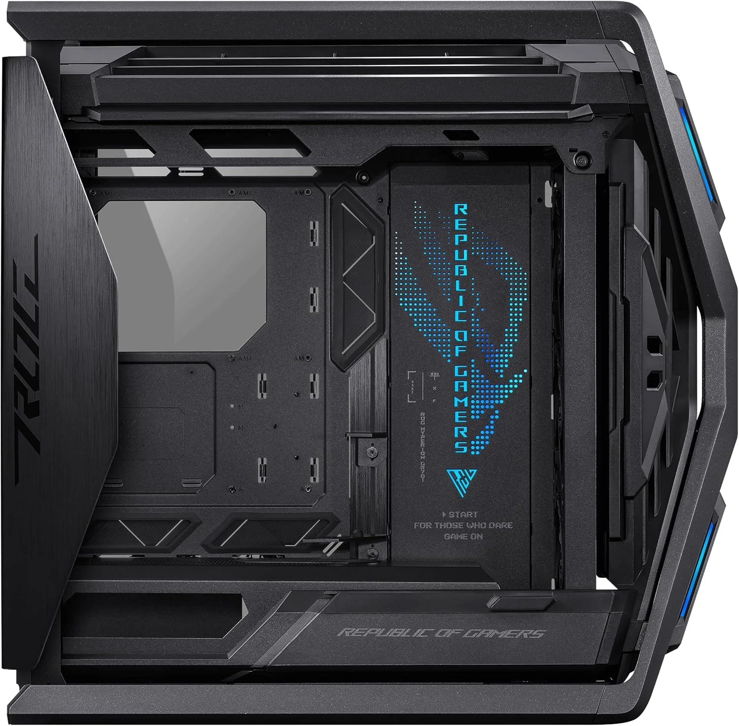 کیس کامپیوتر ASUS ROG Hyperion GR701 BTF Edition E-ATX، طراحی کانکتورهای مخفی مادربرد، رادیاتور دوگانه 420 میلی‌متری، 4 عدد فن 140 میلی‌متری، نگهدارنده فلزی GPU، محل نگهداری قطعات، هاب فن ARGB، شارژ سریع 60 واتی