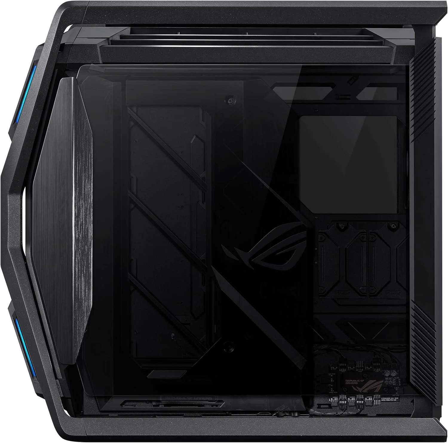 کیس کامپیوتر ASUS ROG Hyperion GR701 BTF Edition E-ATX، طراحی کانکتورهای مخفی مادربرد، رادیاتور دوگانه 420 میلی‌متری، 4 عدد فن 140 میلی‌متری، نگهدارنده فلزی GPU، محل نگهداری قطعات، هاب فن ARGB، شارژ سریع 60 واتی
