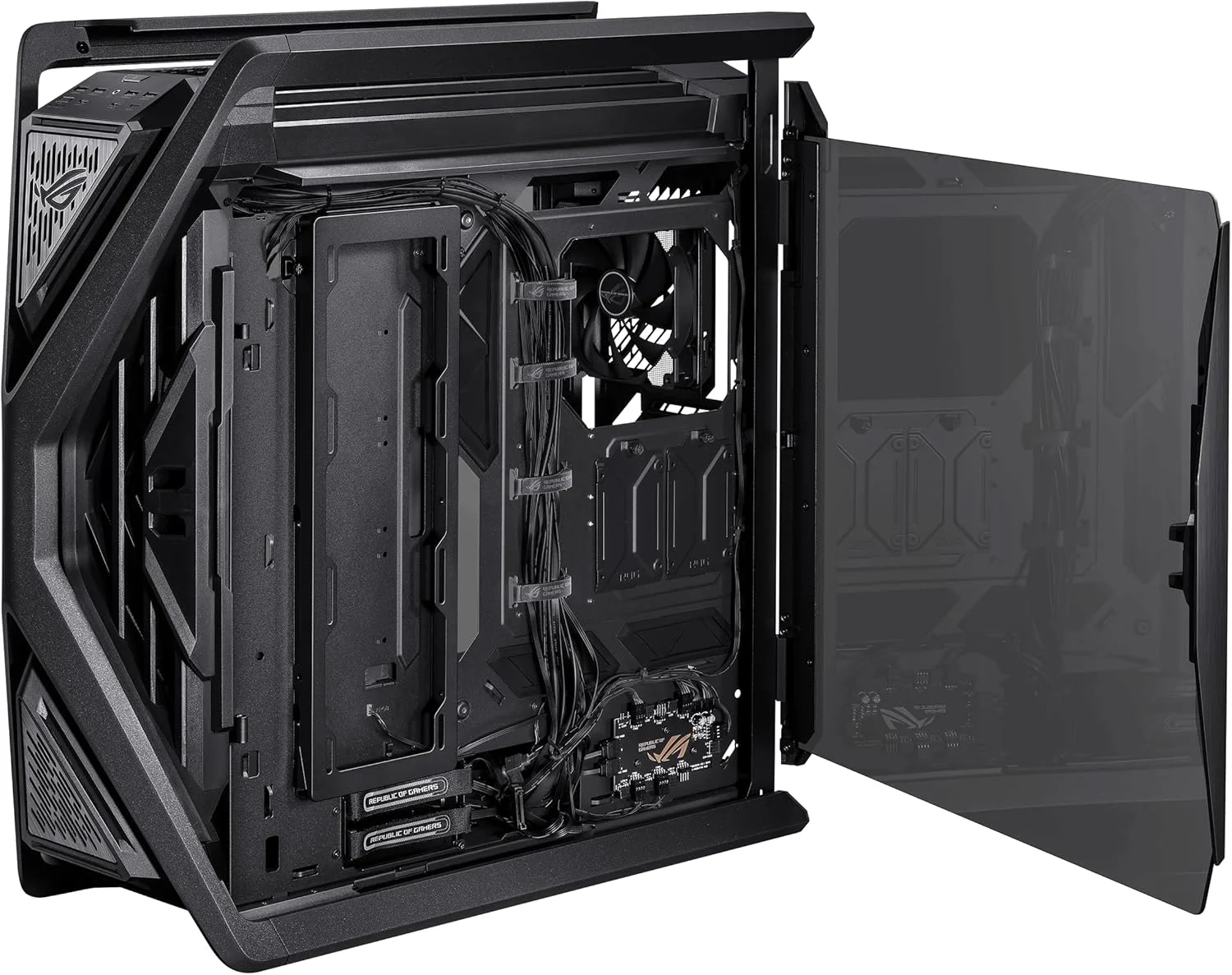 کیس کامپیوتر ASUS ROG Hyperion GR701 BTF Edition E-ATX، طراحی کانکتورهای مخفی مادربرد، رادیاتور دوگانه 420 میلی‌متری، 4 عدد فن 140 میلی‌متری، نگهدارنده فلزی GPU، محل نگهداری قطعات، هاب فن ARGB، شارژ سریع 60 واتی
