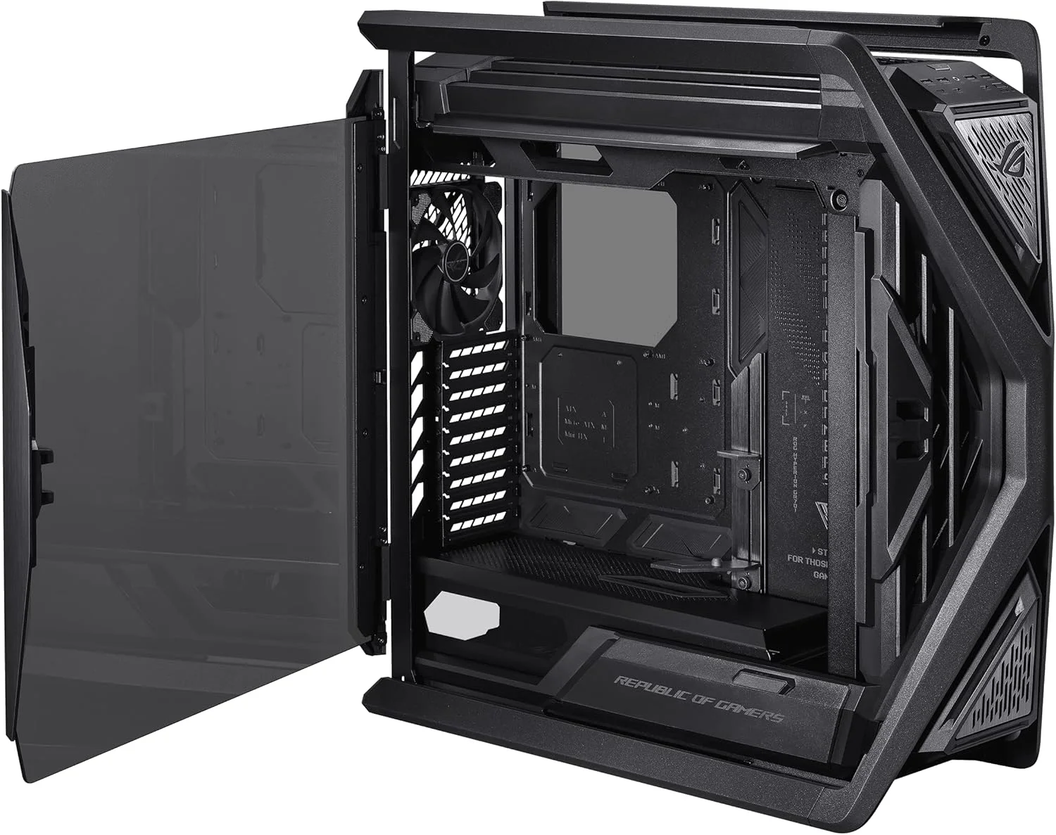 کیس کامپیوتر ASUS ROG Hyperion GR701 BTF Edition E-ATX، طراحی کانکتورهای مخفی مادربرد، رادیاتور دوگانه 420 میلی‌متری، 4 عدد فن 140 میلی‌متری، نگهدارنده فلزی GPU، محل نگهداری قطعات، هاب فن ARGB، شارژ سریع 60 واتی