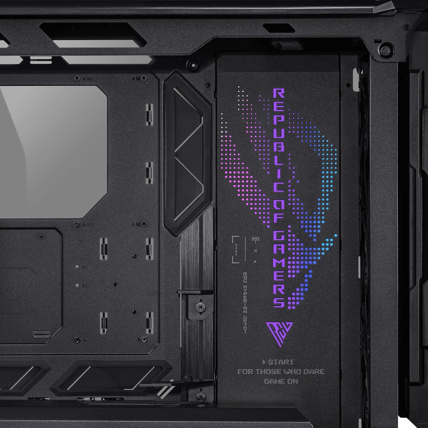 کیس کامپیوتر ASUS ROG Hyperion GR701 BTF Edition E-ATX، طراحی کانکتورهای مخفی مادربرد، رادیاتور دوگانه 420 میلی‌متری، 4 عدد فن 140 میلی‌متری، نگهدارنده فلزی GPU، محل نگهداری قطعات، هاب فن ARGB، شارژ سریع 60 واتی