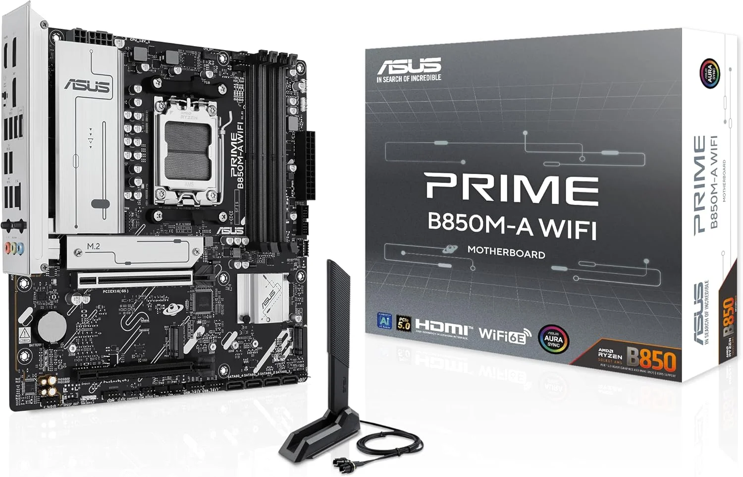 مادربرد ASUS Prime B850M-A WiFi، AMD mATX، اسلات DDR5، آماده PCIe 5.0، 3 اسلات M.2، Wi-Fi 6E، اترنت Realtek 2.5 GB، DisplayPort، HDMI، USB-C جلو 5 گیگابیت بر ثانیه، BIOS Flashback، Aura Sync