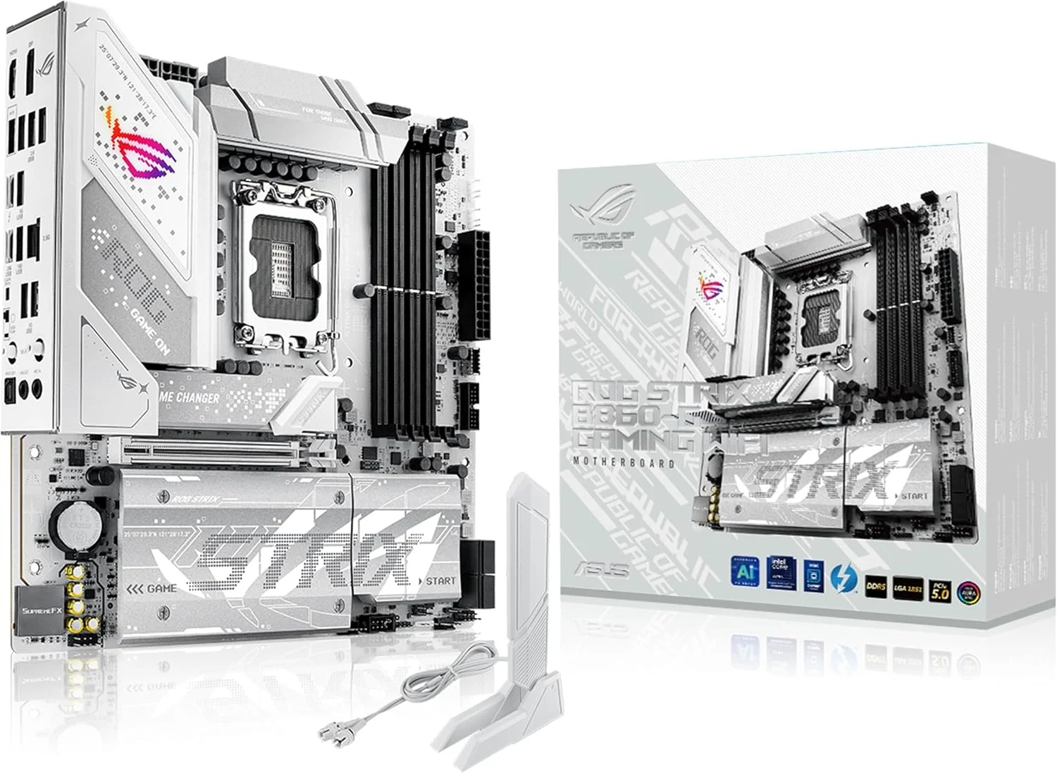 مادربرد ASUS ROG Strix B860-G Gaming WiFi mATX، آماده برای رایانه شخصی هوش مصنوعی پیشرفته، 14+1+2+1 مرحله قدرت، اسلات های DDR5، PCIe 5.0، چهار اسلات M.2، WiFi 7، AI Networking II، نورپردازی Aura Sync RGB.