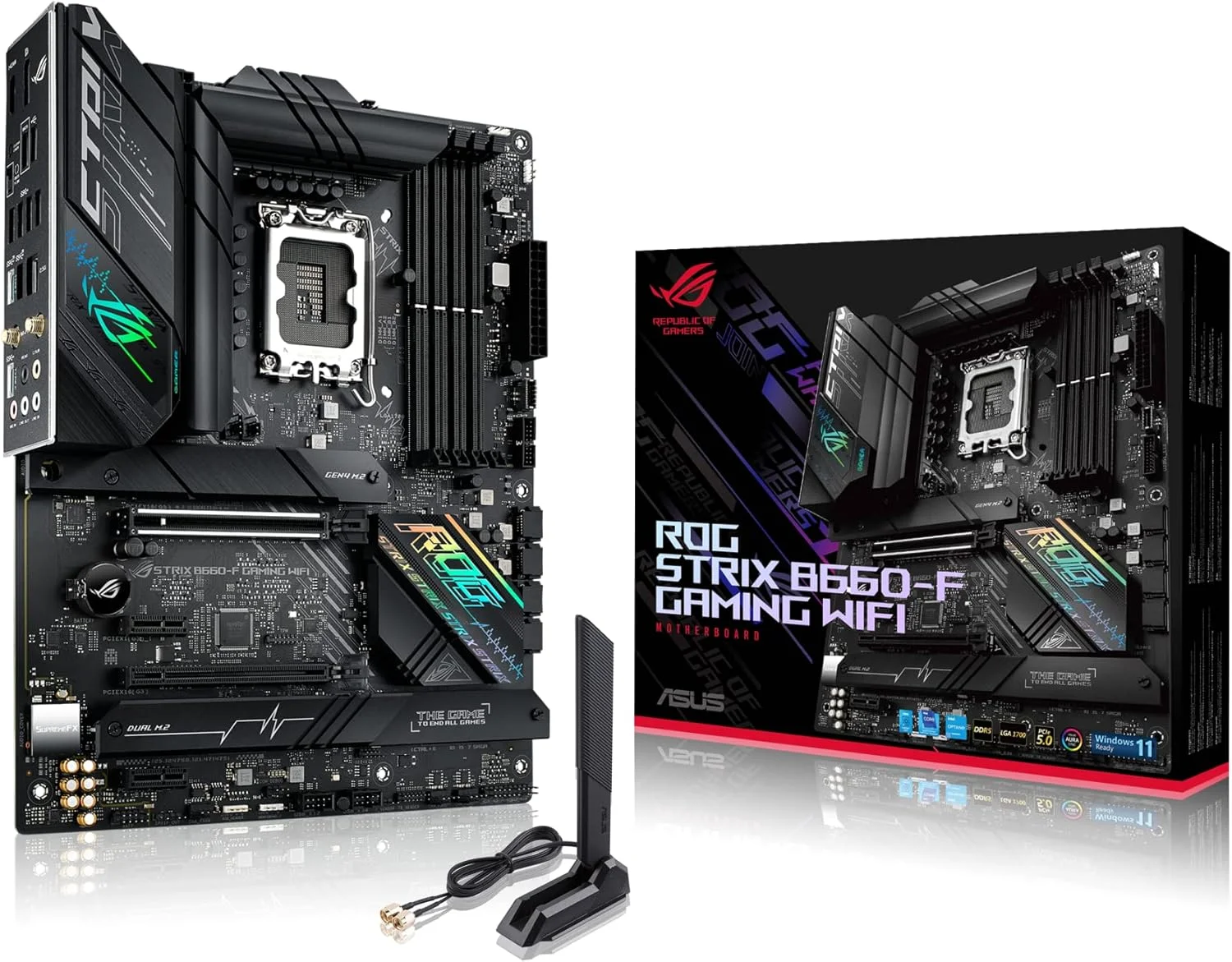 مادربرد گیمینگ ASUS ROG Strix B660-F Gaming WiFi Intel® LGA 1700 ATX، دارای 16+1 فاز قدرت، پشتیبانی از DDR5، PCIe® 5.0، WiFi 6، LAN 2.5 گیگابیتی، سه اسلات M.2 با هیت سینک، بک پلیت M.2 و Aura Sync