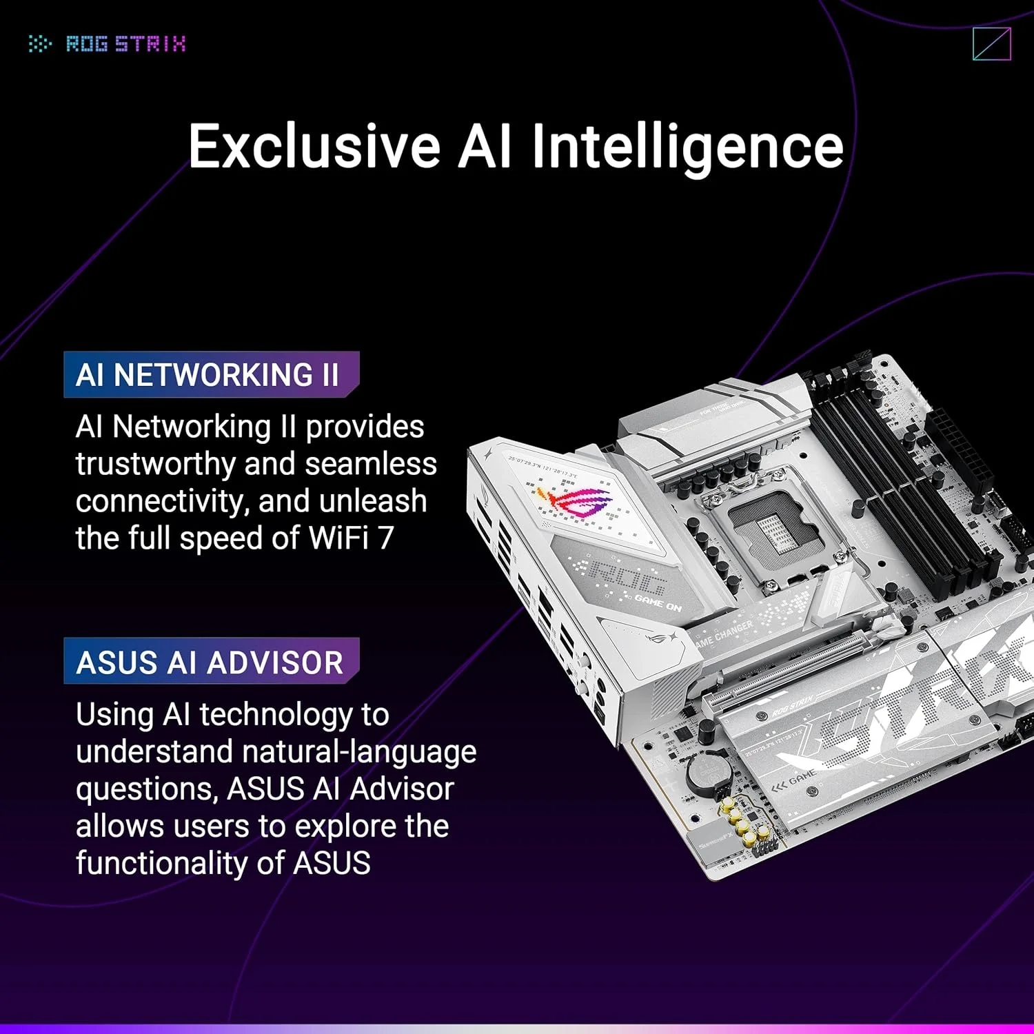 مادربرد ASUS ROG Strix B860-G Gaming WiFi mATX، آماده برای رایانه شخصی هوش مصنوعی پیشرفته، 14+1+2+1 مرحله قدرت، اسلات های DDR5، PCIe 5.0، چهار اسلات M.2، WiFi 7، AI Networking II، نورپردازی Aura Sync RGB.