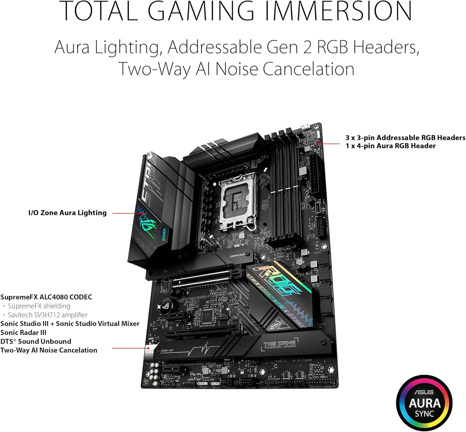 مادربرد گیمینگ ASUS ROG Strix B660-F Gaming WiFi Intel® LGA 1700 ATX، دارای 16+1 فاز قدرت، پشتیبانی از DDR5، PCIe® 5.0، WiFi 6، LAN 2.5 گیگابیتی، سه اسلات M.2 با هیت سینک، بک پلیت M.2 و Aura Sync