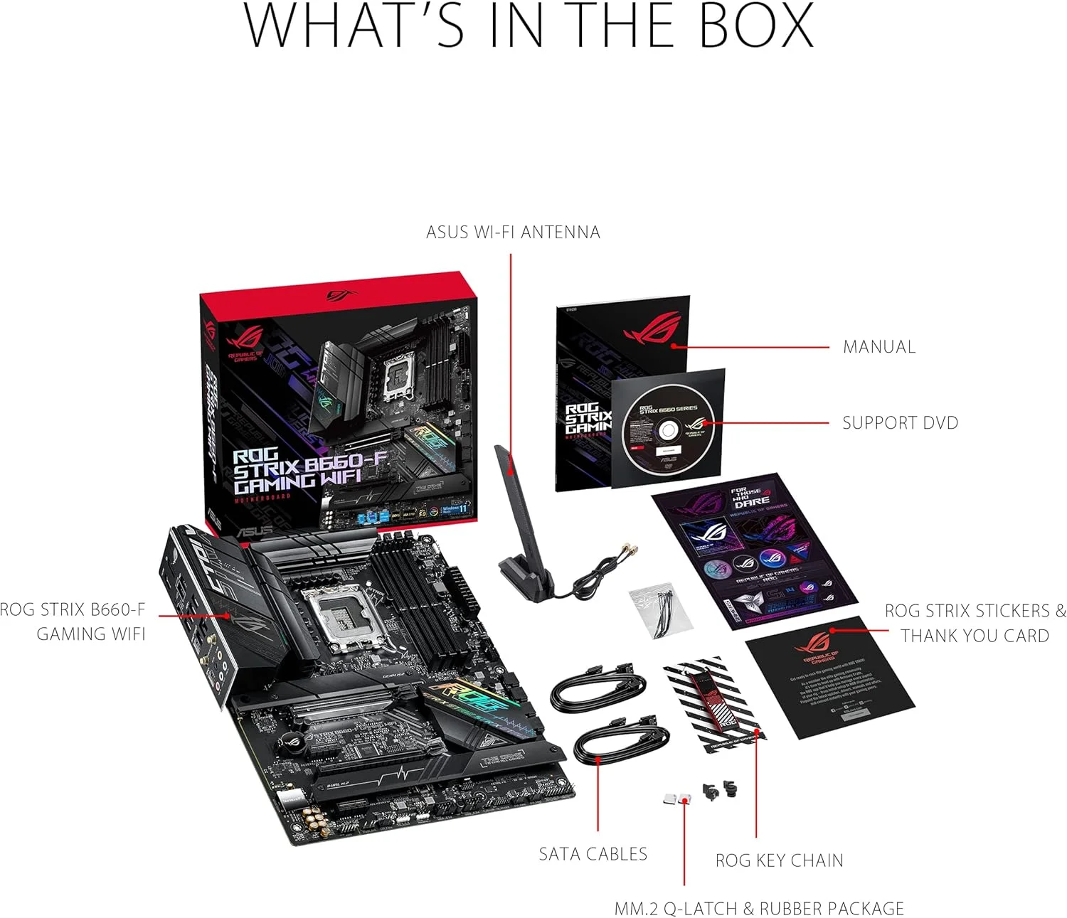 مادربرد گیمینگ ASUS ROG Strix B660-F Gaming WiFi Intel® LGA 1700 ATX، دارای 16+1 فاز قدرت، پشتیبانی از DDR5، PCIe® 5.0، WiFi 6، LAN 2.5 گیگابیتی، سه اسلات M.2 با هیت سینک، بک پلیت M.2 و Aura Sync