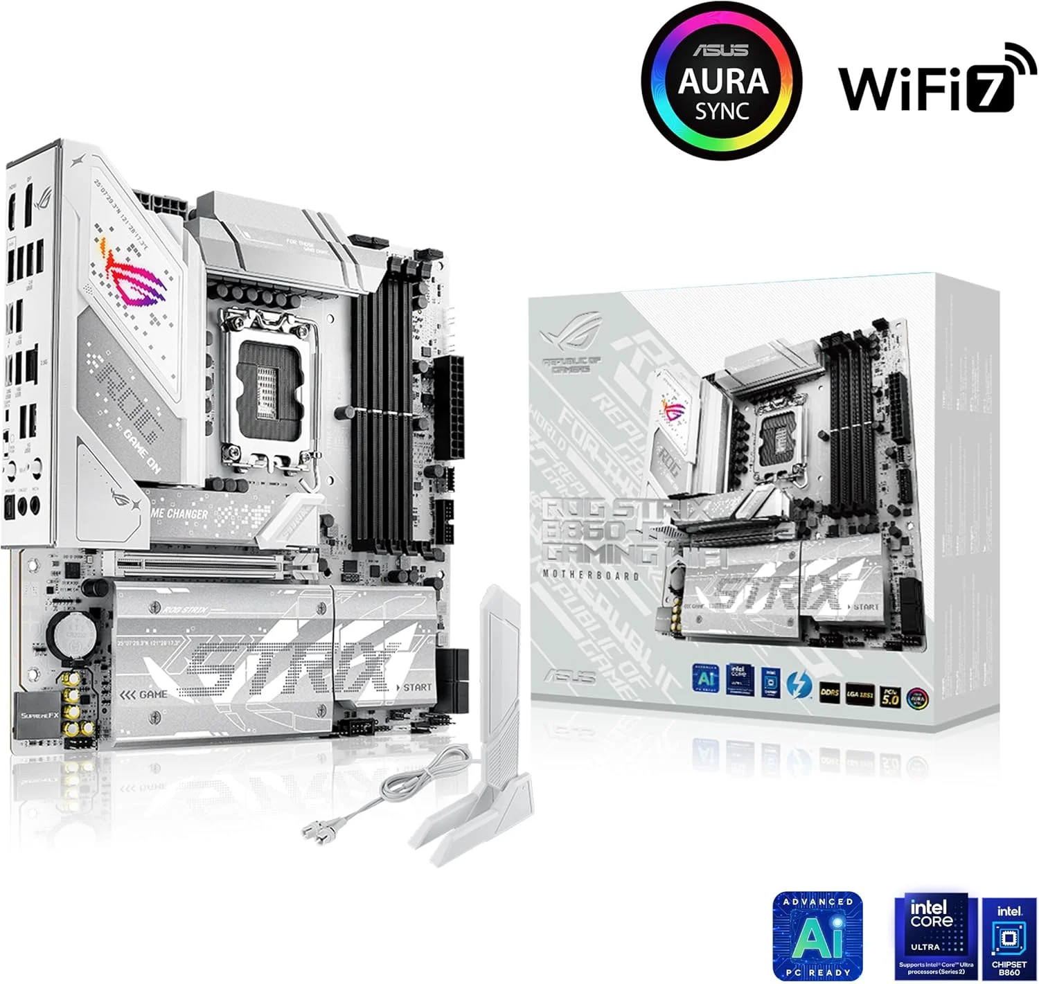 مادربرد ASUS ROG Strix B860-G Gaming WiFi mATX، آماده برای رایانه شخصی هوش مصنوعی پیشرفته، 14+1+2+1 مرحله قدرت، اسلات های DDR5، PCIe 5.0، چهار اسلات M.2، WiFi 7، AI Networking II، نورپردازی Aura Sync RGB.