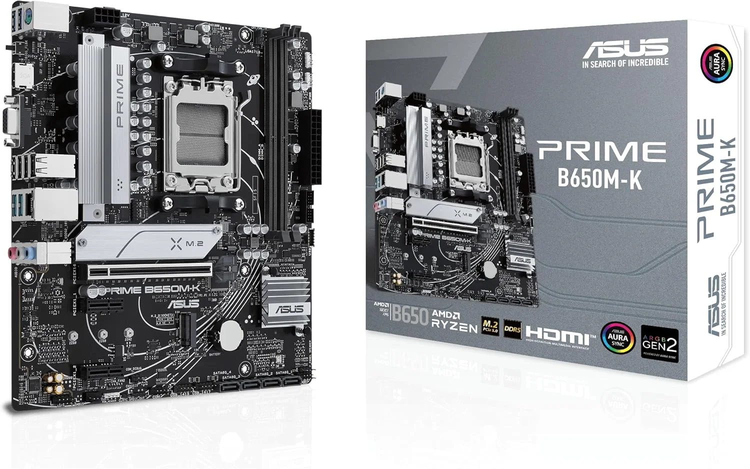 مادربرد ASUS PRIME B650M-K AMD B650 Micro-ATX: DDR5، PCIe 5.0 M.2، اترنت 2.5 گیگابیتی، HDMI، VGA، USB 3.2 Gen 2 پشتی، USB 3.2 Gen 1 Type-C® جلویی، BIOS FlashBack، Aura Sync - مشکی