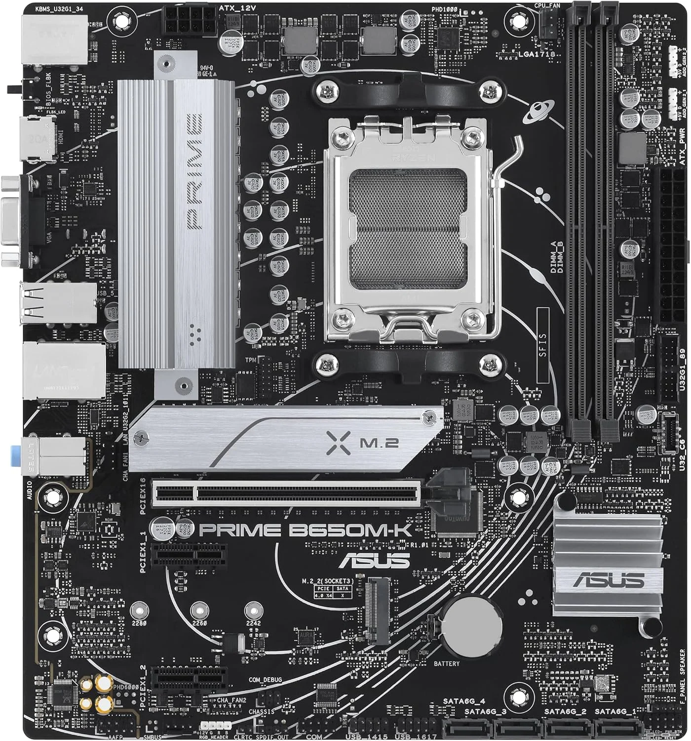 مادربرد ASUS PRIME B650M-K AMD B650 Micro-ATX: DDR5، PCIe 5.0 M.2، اترنت 2.5 گیگابیتی، HDMI، VGA، USB 3.2 Gen 2 پشتی، USB 3.2 Gen 1 Type-C® جلویی، BIOS FlashBack، Aura Sync - مشکی