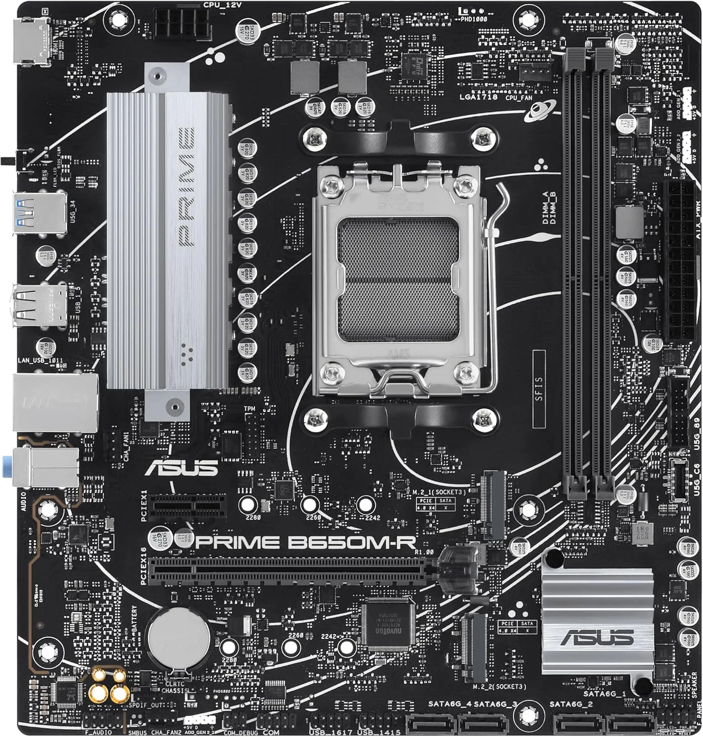 مادربرد ایسوس Prime B650M-R AMD B650 Micro-ATX: DDR5، PCIe 4.0، اترنت 2.5 گیگابیتی، HDMI، SATA 6 گیگابیت بر ثانیه، USB 5 گیگابیت بر ثانیه، Type-C، BIOS FlashBack، حذف نویز هوش مصنوعی، Aura Sync - مشکی