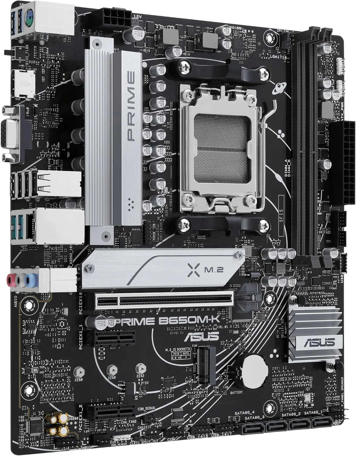مادربرد ASUS PRIME B650M-K AMD B650 Micro-ATX: DDR5، PCIe 5.0 M.2، اترنت 2.5 گیگابیتی، HDMI، VGA، USB 3.2 Gen 2 پشتی، USB 3.2 Gen 1 Type-C® جلویی، BIOS FlashBack، Aura Sync - مشکی