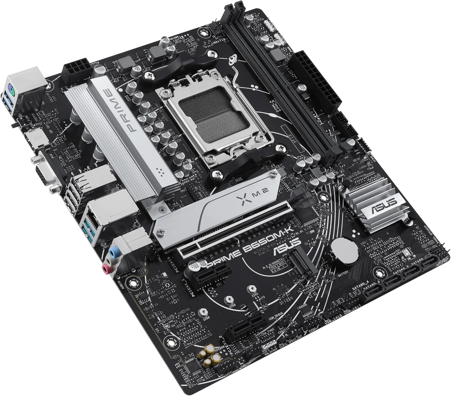 مادربرد ASUS PRIME B650M-K AMD B650 Micro-ATX: DDR5، PCIe 5.0 M.2، اترنت 2.5 گیگابیتی، HDMI، VGA، USB 3.2 Gen 2 پشتی، USB 3.2 Gen 1 Type-C® جلویی، BIOS FlashBack، Aura Sync - مشکی