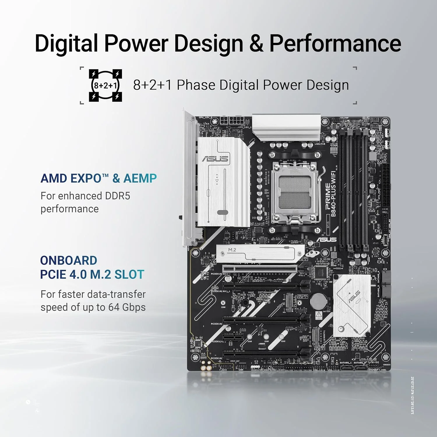 مادربرد ایسوس پرایم B840-PLUS WIFI ATX: سوکت AM5، 1 عدد PCIe 4.0 x16، 1 عدد PCIe 3.0 x16، 2 عدد PCIe 3.0 x16، دیجیتال 8+2+1 فاز، 4 عدد اسلات DIMM DDR5، M.2، Aura Sync - مشکی