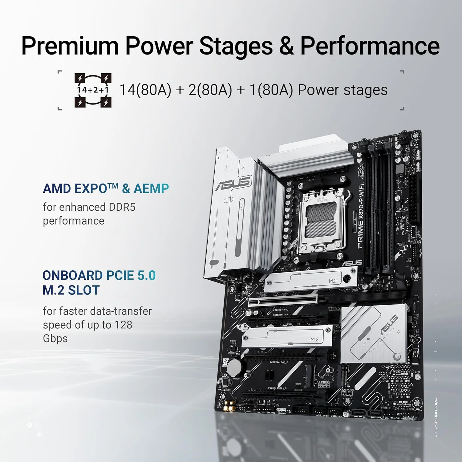 مادربرد ASUS PRIME X870-P WIFI ATX: سوکت AM5، 1 عدد PCIe 5.0 x16، 3 عدد PCIe 4.0 x16، 4 عدد اسلات DIMM با پشتیبانی از DDR5، M.2، WiFi 7، USB 40Gbps Type-C، EZ PC DIY، Aura Sync - مشکی