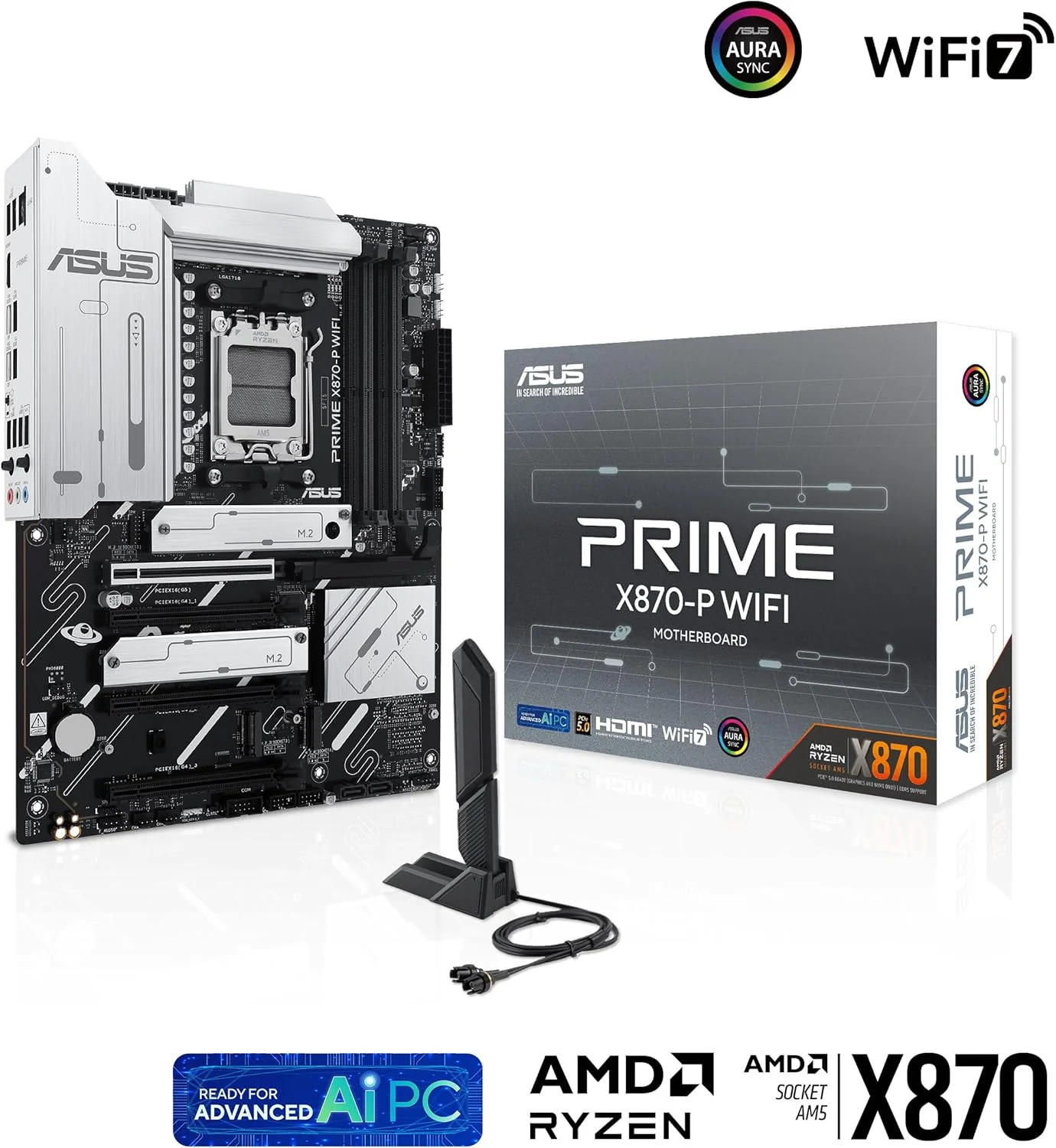 مادربرد ASUS PRIME X870-P WIFI ATX: سوکت AM5، 1 عدد PCIe 5.0 x16، 3 عدد PCIe 4.0 x16، 4 عدد اسلات DIMM با پشتیبانی از DDR5، M.2، WiFi 7، USB 40Gbps Type-C، EZ PC DIY، Aura Sync - مشکی
