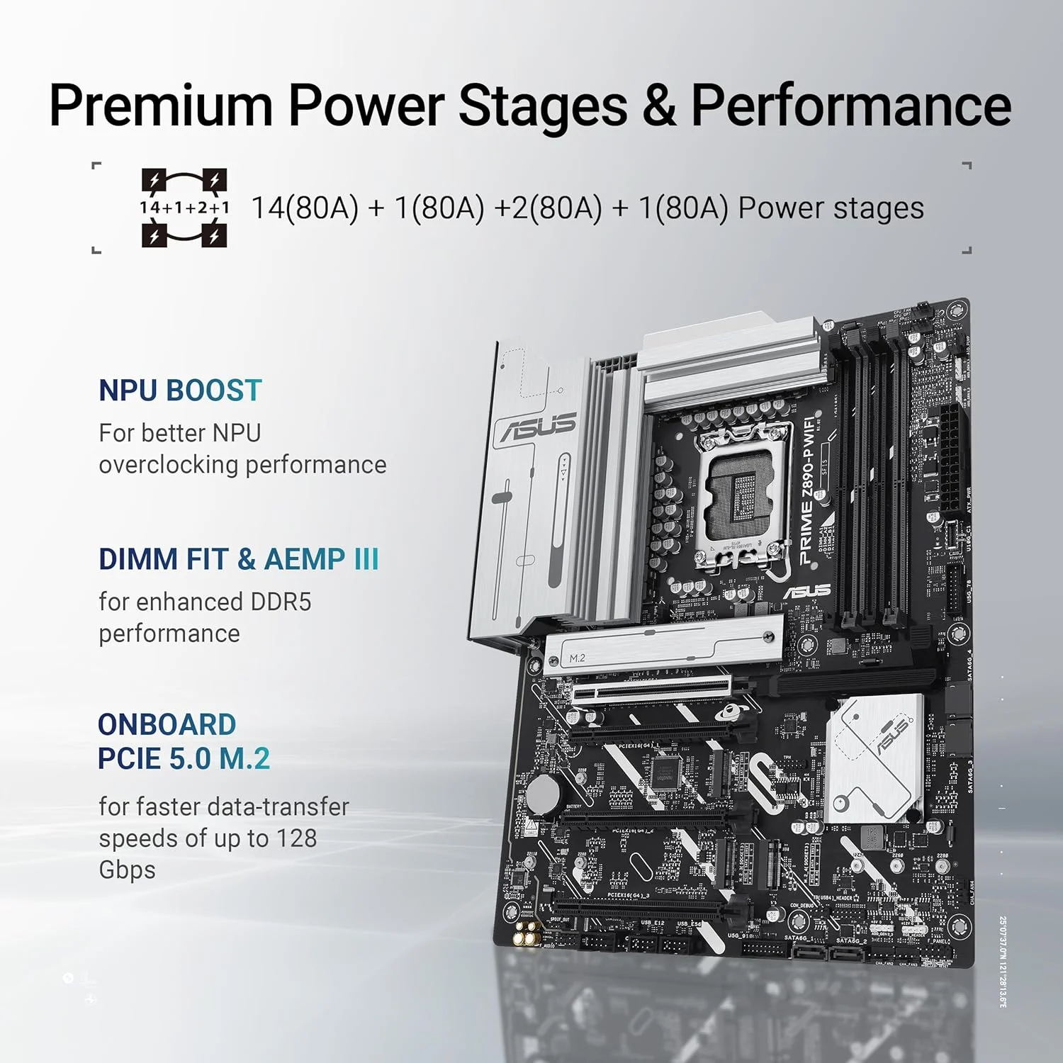 مادربرد ASUS PRIME Z890-P WIFI Z890 LGA 1851 ATX، آماده برای پردازنده‌های Intel® Core™ Ultra Series 2، مجهز به هوش مصنوعی پیشرفته، دارای 14+1+1+2 فاز قدرت، DDR5، PCIe® 5.0، Thunderbolt™ 4 USB Type-C®، 4x M.2، Wi-Fi 7، 2.5Gb