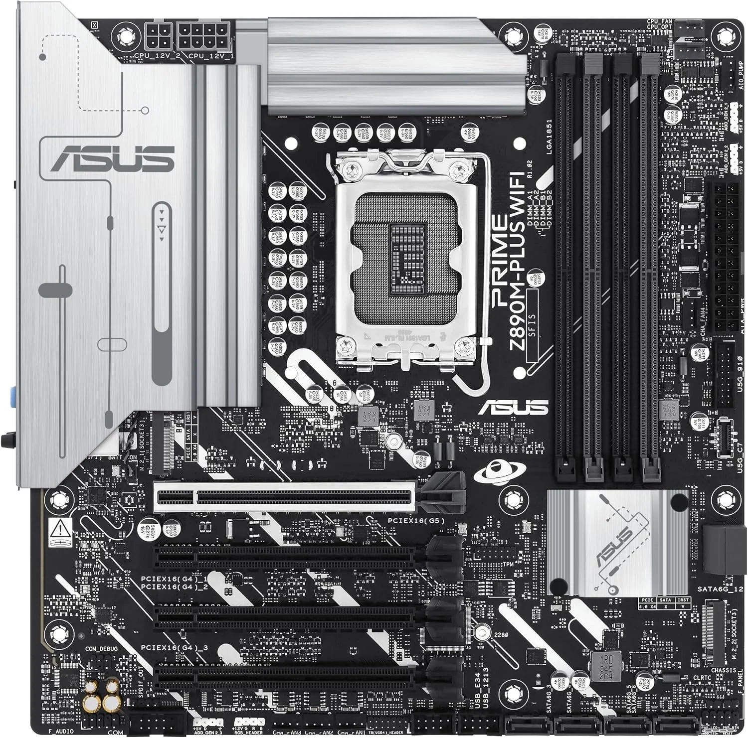 مادربرد ASUS PRIME Z890M-PLUS WIFI mATX: سوکت LGA1851، 4 اسلات DIMM، 3 اسلات M.2، 6 پورت SATA 6Gb/s، اترنت Realtek 2.5Gb، 8 پورت USB پشتی، 7 پورت USB جلویی، Aura Sync - مشکی
