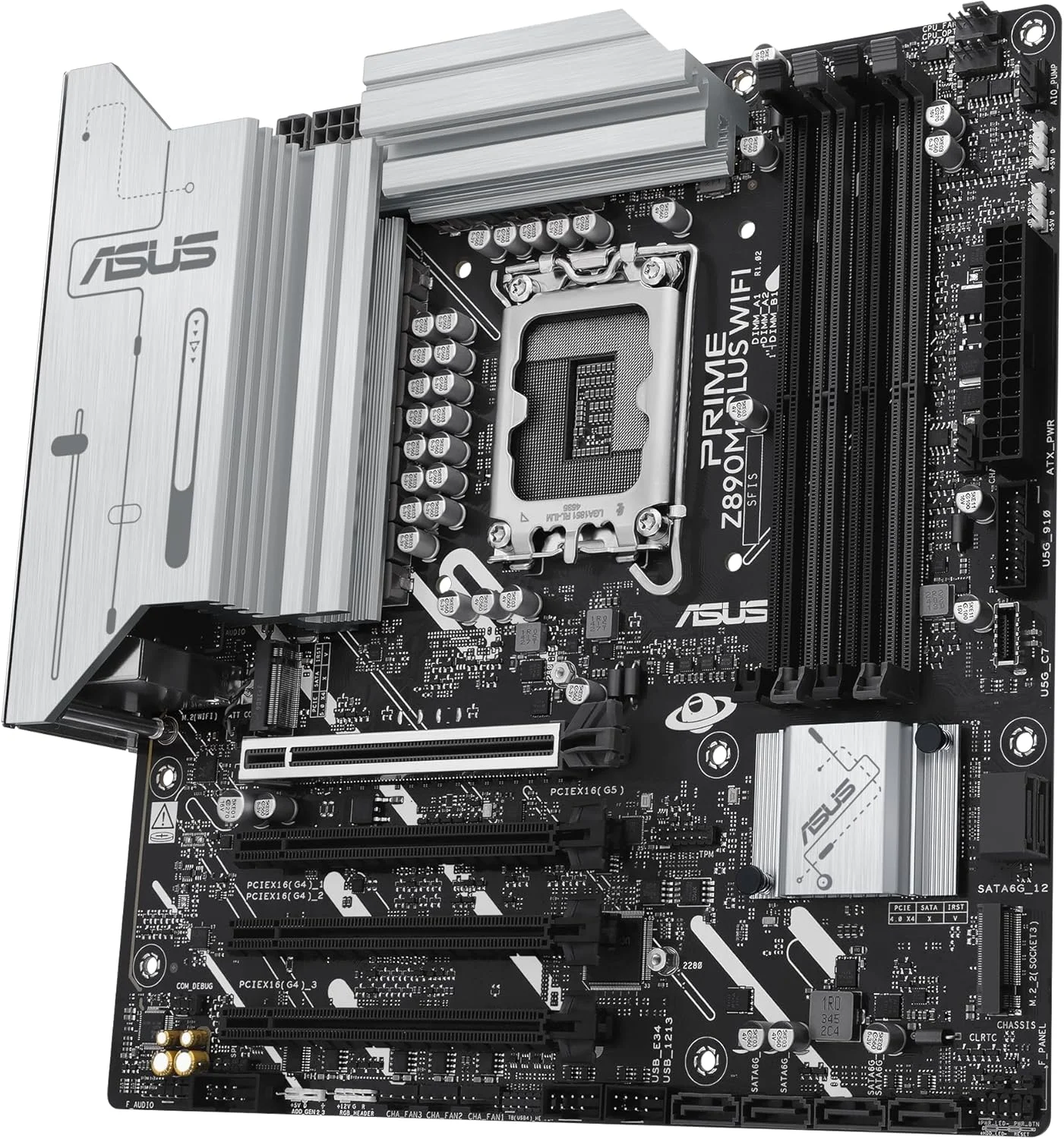 مادربرد ASUS PRIME Z890M-PLUS WIFI mATX: سوکت LGA1851، 4 اسلات DIMM، 3 اسلات M.2، 6 پورت SATA 6Gb/s، اترنت Realtek 2.5Gb، 8 پورت USB پشتی، 7 پورت USB جلویی، Aura Sync - مشکی