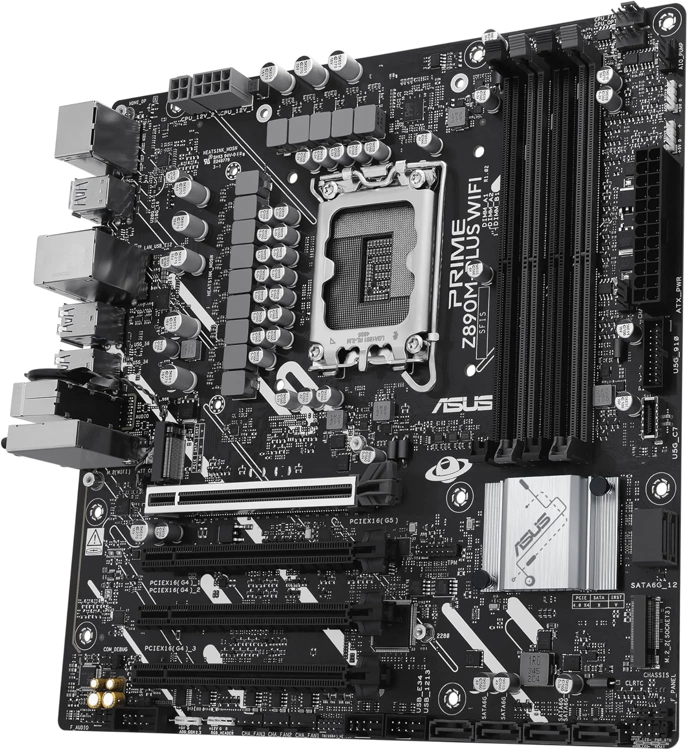 مادربرد ASUS PRIME Z890M-PLUS WIFI mATX: سوکت LGA1851، 4 اسلات DIMM، 3 اسلات M.2، 6 پورت SATA 6Gb/s، اترنت Realtek 2.5Gb، 8 پورت USB پشتی، 7 پورت USB جلویی، Aura Sync - مشکی