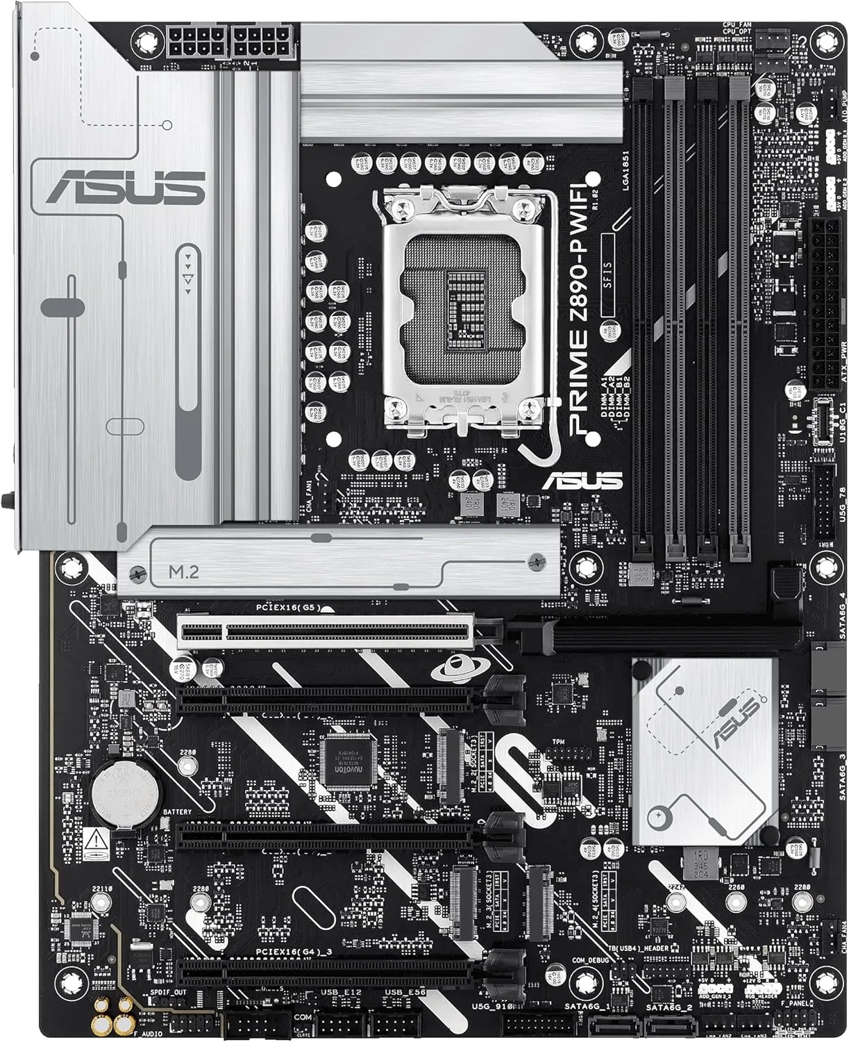 مادربرد ASUS PRIME Z890-P WIFI Z890 LGA 1851 ATX، آماده برای پردازنده‌های Intel® Core™ Ultra Series 2، مجهز به هوش مصنوعی پیشرفته، دارای 14+1+1+2 فاز قدرت، DDR5، PCIe® 5.0، Thunderbolt™ 4 USB Type-C®، 4x M.2، Wi-Fi 7، 2.5Gb