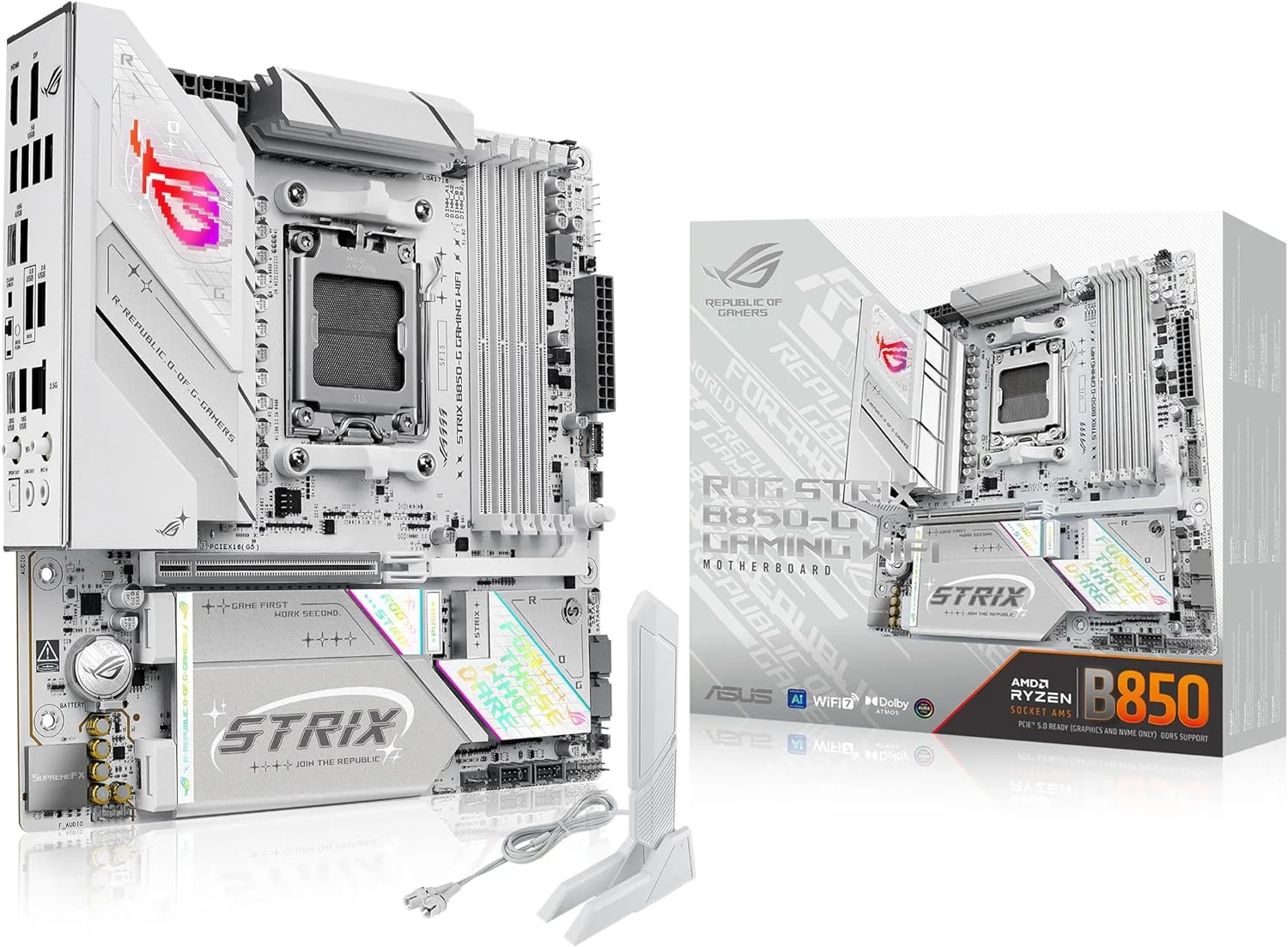 مادربرد ASUS ROG Strix B850-G Gaming WiFi AMD AM5 B850 mATX، آماده برای هوش مصنوعی پیشرفته، دارای 14+2+1 فاز قدرت، اسلات های DDR5، 4 اسلات M.2، آماده برای PCIe® 5.0، WiFi 7، LAN 2.5G، USB 20Gbps Type-C®، مشاور هوش مصنوعی