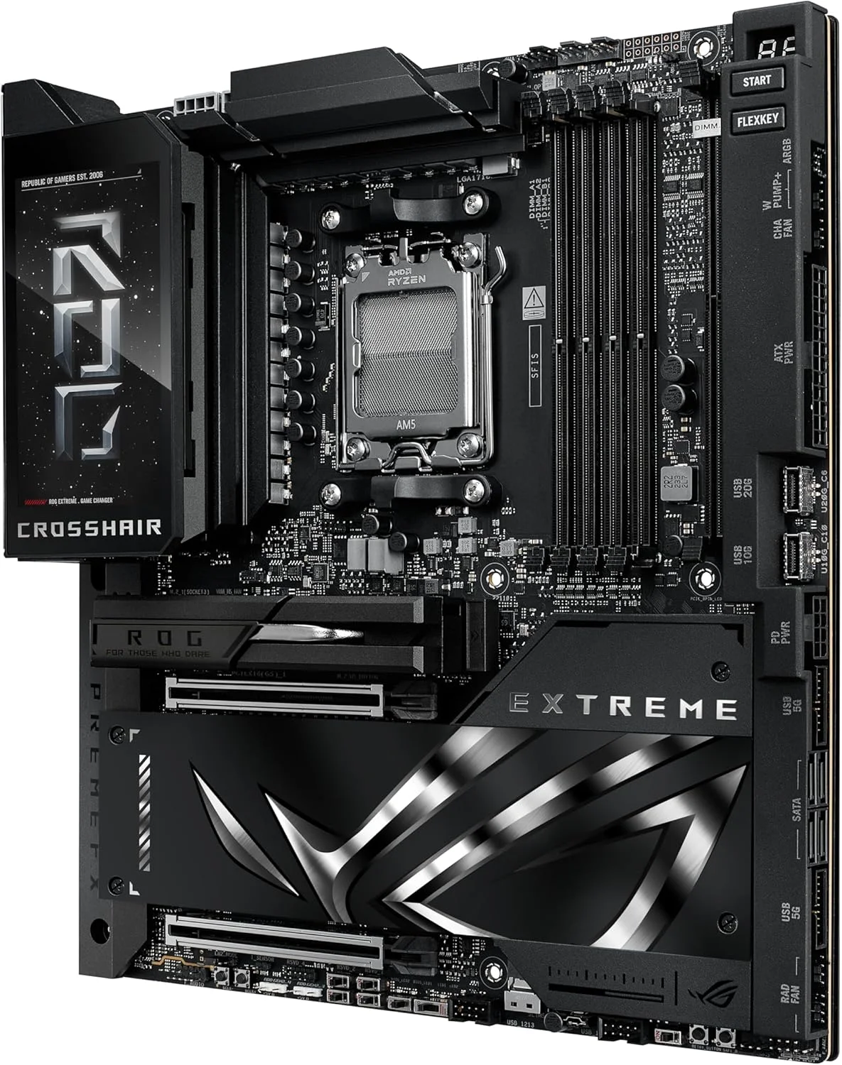 مادربرد گیمینگ ایسوس ROG Crosshair X870E Extreme AMD X870E AM5 E-ATX - دارای 20+2+2 فاز قدرت، DDR5، PCIe 5.0، 5X M.2، LAN 5G & 10G، Wi-Fi 7، USB4 Type-C، LCD 5 اینچی، اورکلاک و شبکه سازی هوش مصنوعی