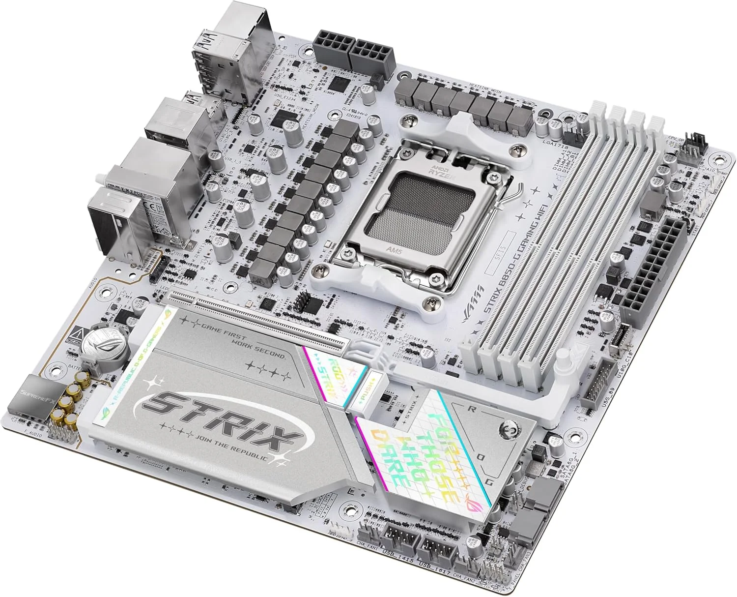 مادربرد ASUS ROG Strix B850-G Gaming WiFi AMD AM5 B850 mATX، آماده برای هوش مصنوعی پیشرفته، دارای 14+2+1 فاز قدرت، اسلات های DDR5، 4 اسلات M.2، آماده برای PCIe® 5.0، WiFi 7، LAN 2.5G، USB 20Gbps Type-C®، مشاور هوش مصنوعی مادربرد ASUS ROG Strix B850-G Gaming WiFi AMD AM5 B850 mATX، آماده برای هوش مصنوعی پیشرفته، دارای 14+2+1 فاز قدرت، اسلات های DDR5، 4 اسلات M.2، آماده برای PCIe® 5.0، WiFi 7، LAN 2.5G، USB 20Gbps Type-C®، مشاور هوش مصنوعی