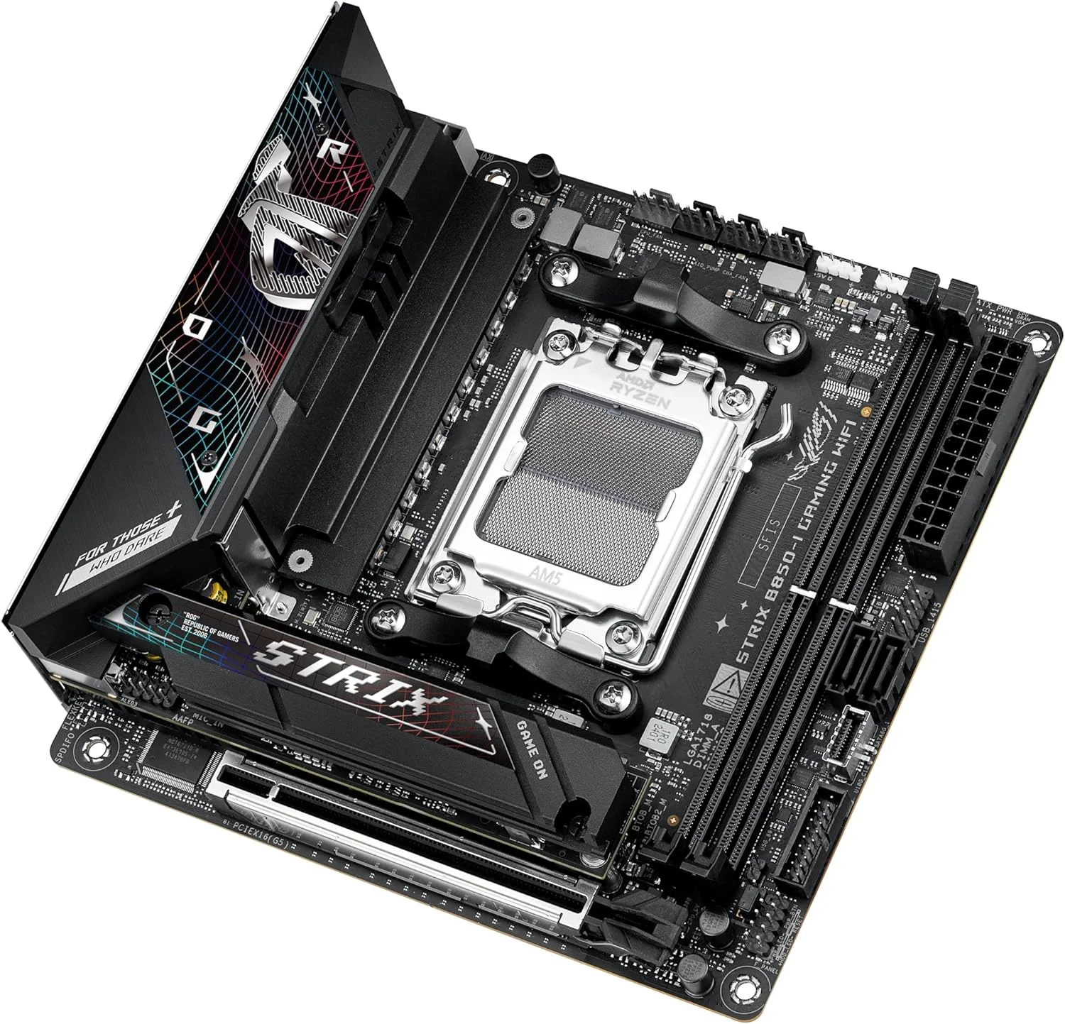 مادربرد ایسوس ROG Strix B850-I Gaming WiFi AMD AM5 B850 Mini-ITX mITX، با 10+2+1 فاز، DDR5، LAN 2.5G، WiFi 7، 2X M.2، PCIe® 5.0 x16، USB 20Gbps Type-C®، اورکلاک هوش مصنوعی، شبکه هوش مصنوعی II، Aura Sync