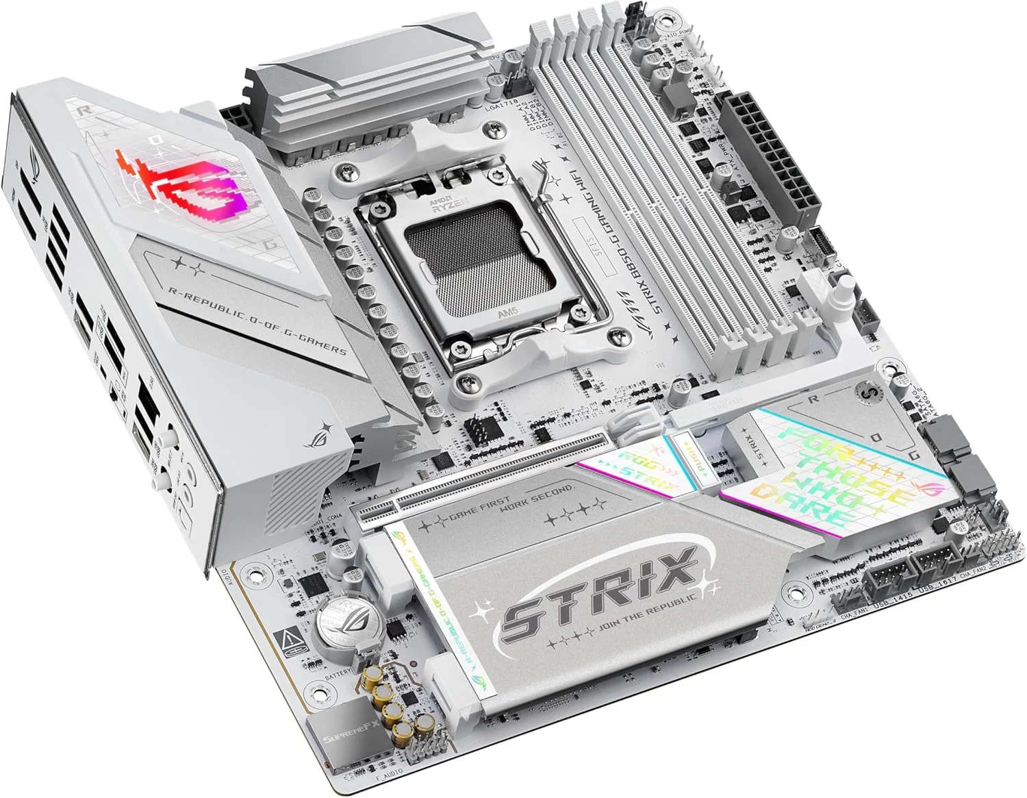 مادربرد ASUS ROG Strix B850-G Gaming WiFi AMD AM5 B850 mATX، آماده برای هوش مصنوعی پیشرفته، دارای 14+2+1 فاز قدرت، اسلات های DDR5، 4 اسلات M.2، آماده برای PCIe® 5.0، WiFi 7، LAN 2.5G، USB 20Gbps Type-C®، مشاور هوش مصنوعی مادربرد ASUS ROG Strix B850-G Gaming WiFi AMD AM5 B850 mATX، آماده برای هوش مصنوعی پیشرفته، دارای 14+2+1 فاز قدرت، اسلات های DDR5، 4 اسلات M.2، آماده برای PCIe® 5.0، WiFi 7، LAN 2.5G، USB 20Gbps Type-C®، مشاور هوش مصنوعی