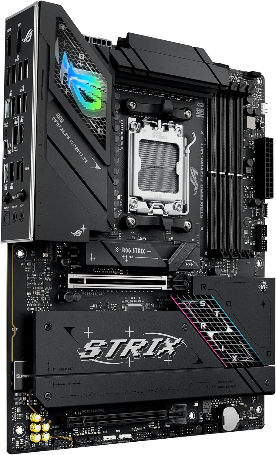 مادربرد ایسوس ROG Strix B850-F Gaming WiFi AMD AM5 B850-F ATX با 16+2+2 فاز قدرت، هوش مصنوعی کامپیوتر، DDR5 AEMP، WiFi 7، 4X M.2، PCIe® 5.0، پشتیبانی کامل از 19 پورت USB، Type-C® 20Gbps، شبکه هوش مصنوعی II، Aura Sync