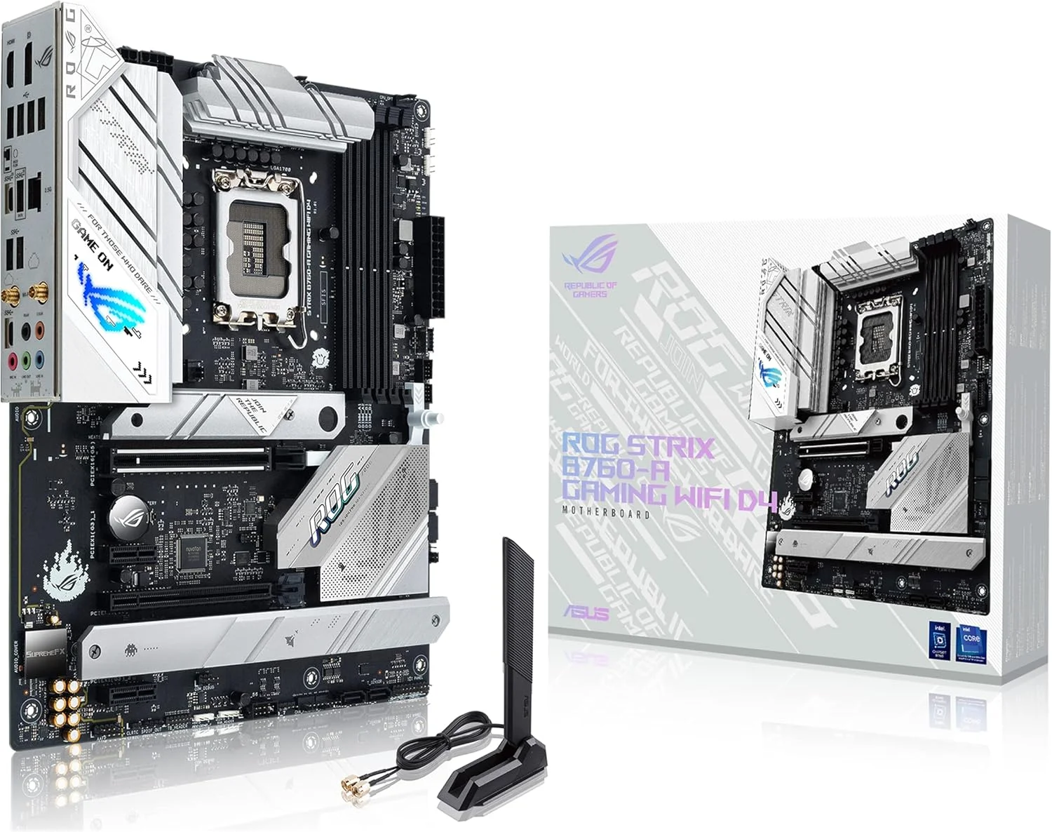 مادربرد ایسوس ROG Strix B760-A Gaming WiFi D4 Intel B760 (نسل سیزدهم و دوازدهم) LGA1700 سفید ATX، دارای 12+1 فاز قدرت، DDR4، PCIe 5.0، سه اسلات M.2، WiFi 6E، USB 3.2 Gen 2x2 Type-C® و Aura Sync RGB