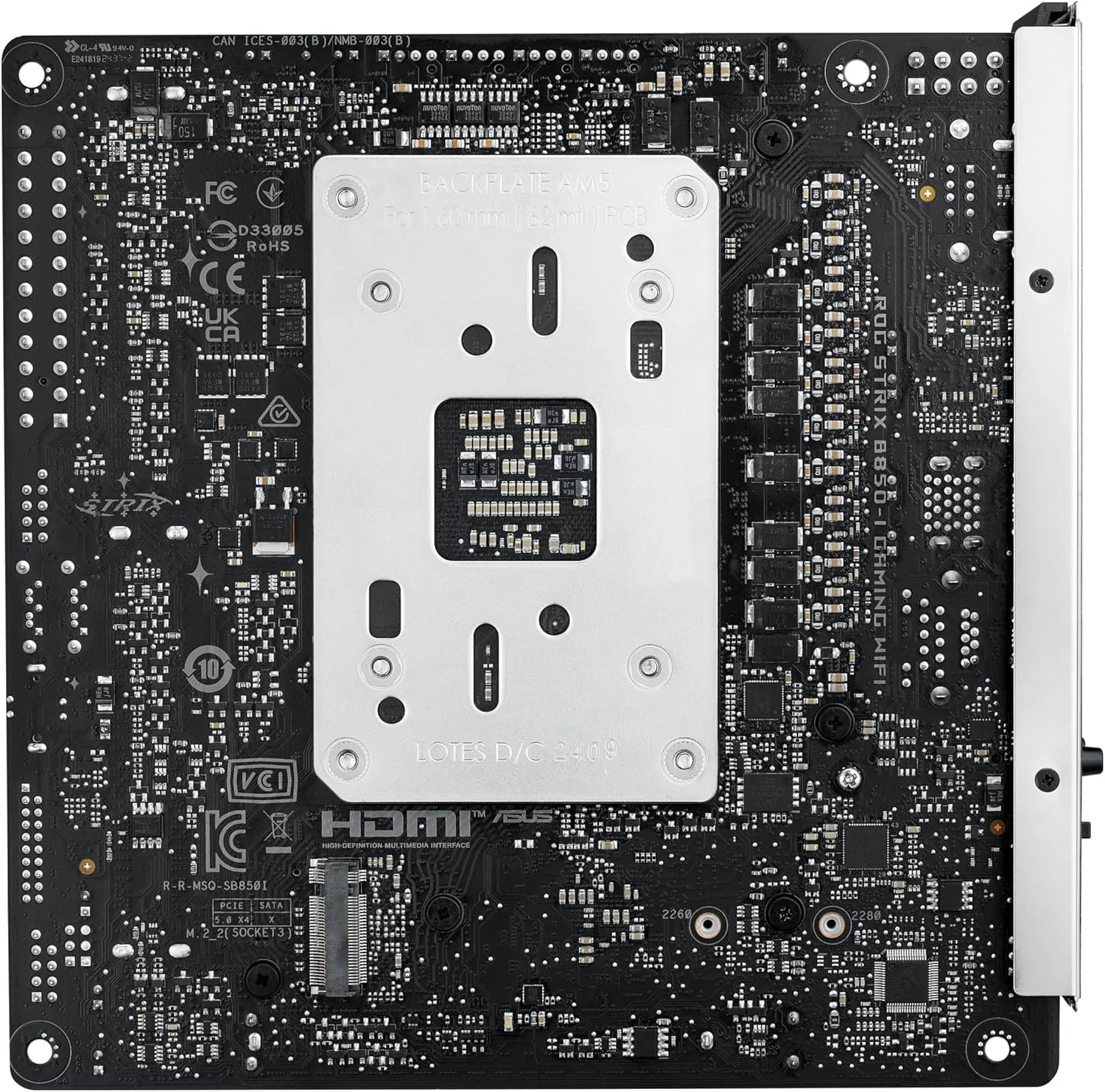 مادربرد ایسوس ROG Strix B850-I Gaming WiFi AMD AM5 B850 Mini-ITX mITX، با 10+2+1 فاز، DDR5، LAN 2.5G، WiFi 7، 2X M.2، PCIe® 5.0 x16، USB 20Gbps Type-C®، اورکلاک هوش مصنوعی، شبکه هوش مصنوعی II، Aura Sync