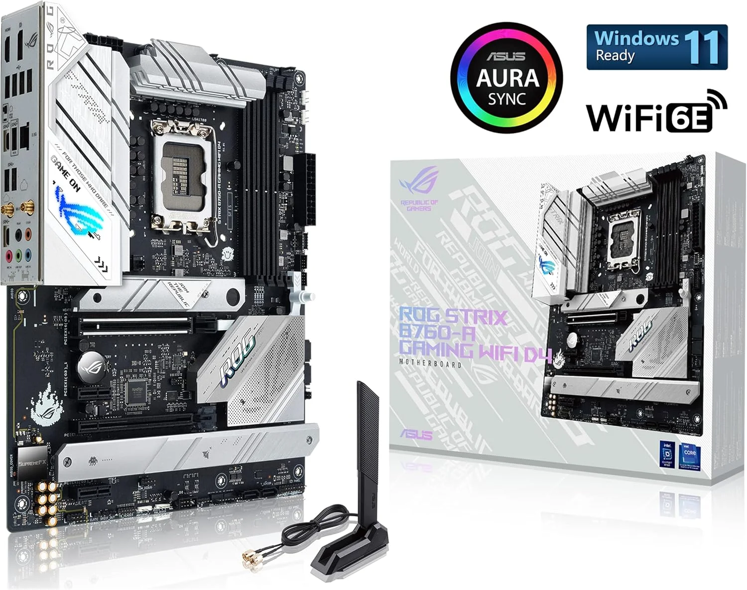 مادربرد ایسوس ROG Strix B760-A Gaming WiFi D4 Intel B760 (نسل سیزدهم و دوازدهم) LGA1700 سفید ATX، دارای 12+1 فاز قدرت، DDR4، PCIe 5.0، سه اسلات M.2، WiFi 6E، USB 3.2 Gen 2x2 Type-C® و Aura Sync RGB