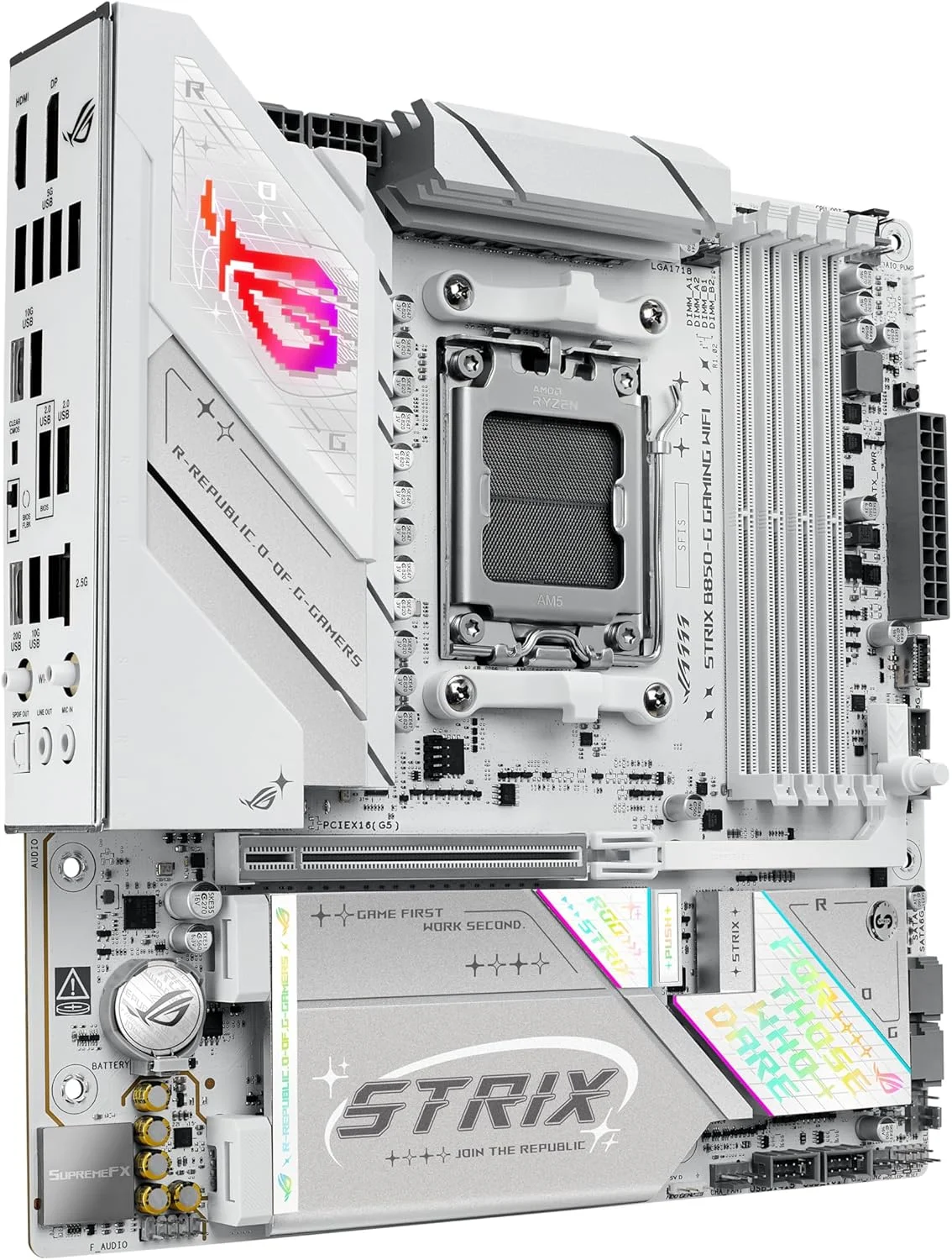 مادربرد ASUS ROG Strix B850-G Gaming WiFi AMD AM5 B850 mATX، آماده برای هوش مصنوعی پیشرفته، دارای 14+2+1 فاز قدرت، اسلات های DDR5، 4 اسلات M.2، آماده برای PCIe® 5.0، WiFi 7، LAN 2.5G، USB 20Gbps Type-C®، مشاور هوش مصنوعی مادربرد ASUS ROG Strix B850-G Gaming WiFi AMD AM5 B850 mATX، آماده برای هوش مصنوعی پیشرفته، دارای 14+2+1 فاز قدرت، اسلات های DDR5، 4 اسلات M.2، آماده برای PCIe® 5.0، WiFi 7، LAN 2.5G، USB 20Gbps Type-C®، مشاور هوش مصنوعی