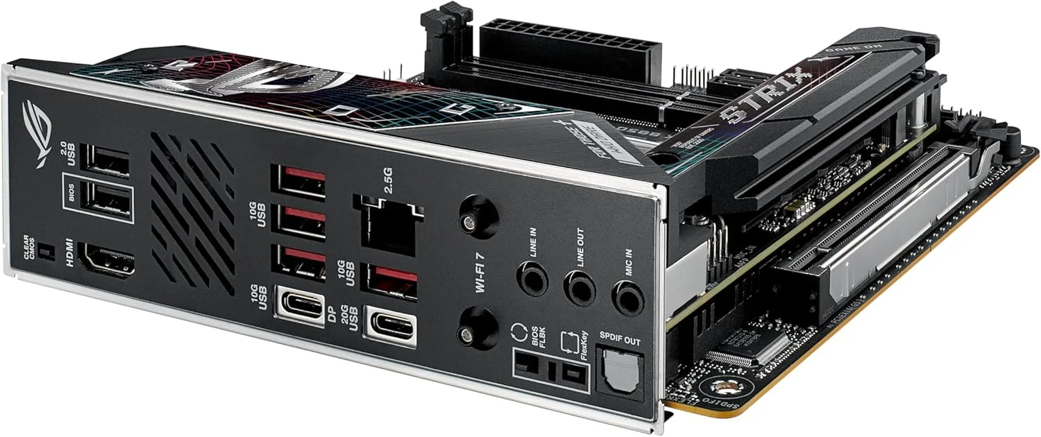 مادربرد ایسوس ROG Strix B850-I Gaming WiFi AMD AM5 B850 Mini-ITX mITX، با 10+2+1 فاز، DDR5، LAN 2.5G، WiFi 7، 2X M.2، PCIe® 5.0 x16، USB 20Gbps Type-C®، اورکلاک هوش مصنوعی، شبکه هوش مصنوعی II، Aura Sync