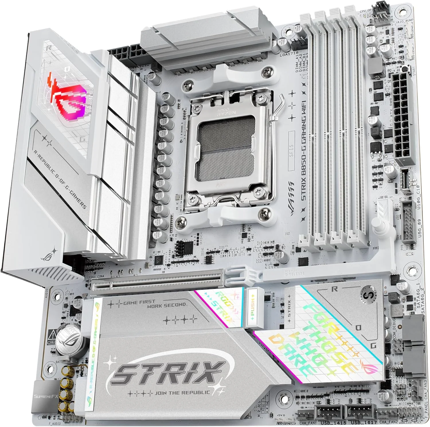 مادربرد ASUS ROG Strix B850-G Gaming WiFi AMD AM5 B850 mATX، آماده برای هوش مصنوعی پیشرفته، دارای 14+2+1 فاز قدرت، اسلات های DDR5، 4 اسلات M.2، آماده برای PCIe® 5.0، WiFi 7، LAN 2.5G، USB 20Gbps Type-C®، مشاور هوش مصنوعی مادربرد ASUS ROG Strix B850-G Gaming WiFi AMD AM5 B850 mATX، آماده برای هوش مصنوعی پیشرفته، دارای 14+2+1 فاز قدرت، اسلات های DDR5، 4 اسلات M.2، آماده برای PCIe® 5.0، WiFi 7، LAN 2.5G، USB 20Gbps Type-C®، مشاور هوش مصنوعی